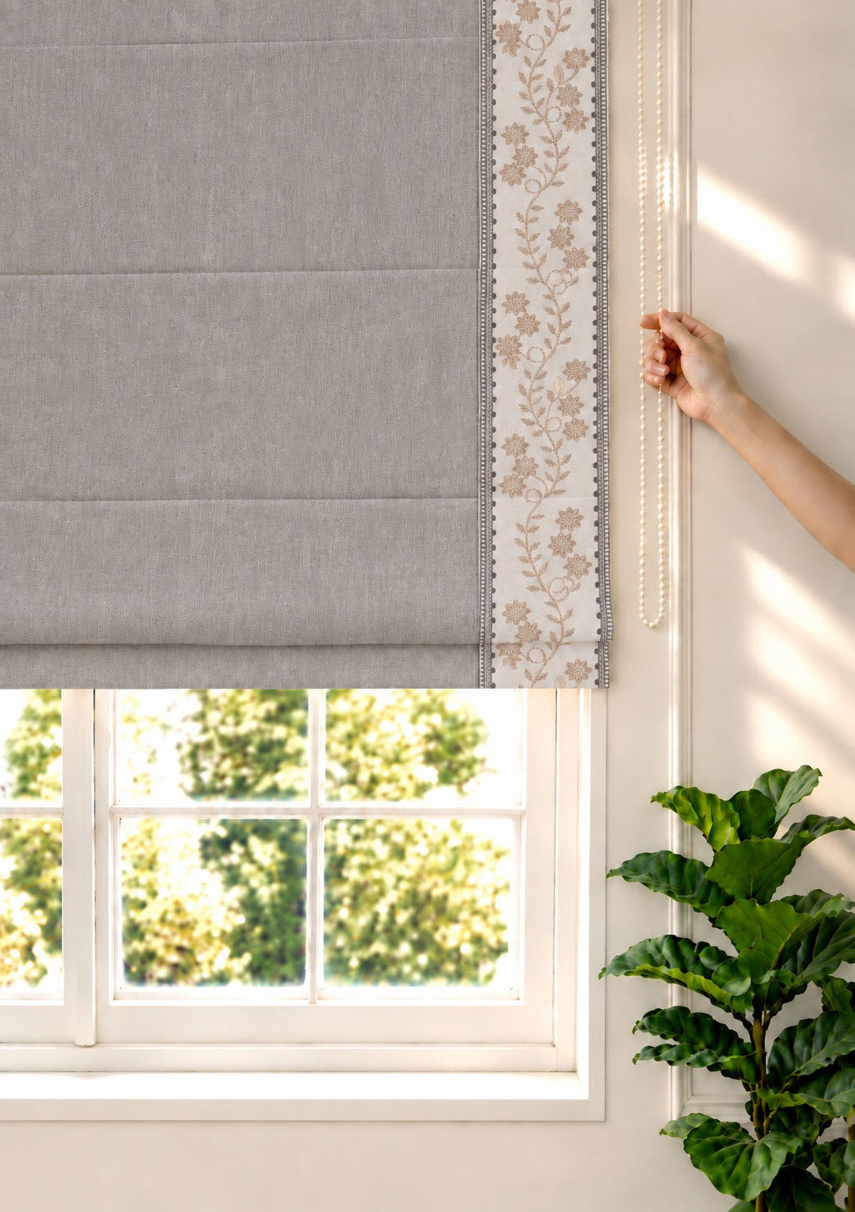 Mogra Elephant Grey & Brown Floral Linen Cotton Blend Embroidered Blind For Livingroom / Bedroom | Room Darkening