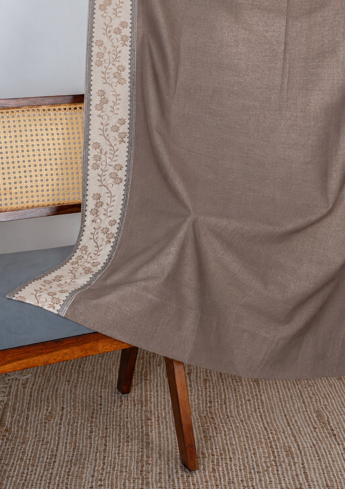 Mogra Fig Brown & Grey Floral Linen Cotton Blend Embroidered Curtain For Livingroom / Bedroom | Room Darkening | Single Piece