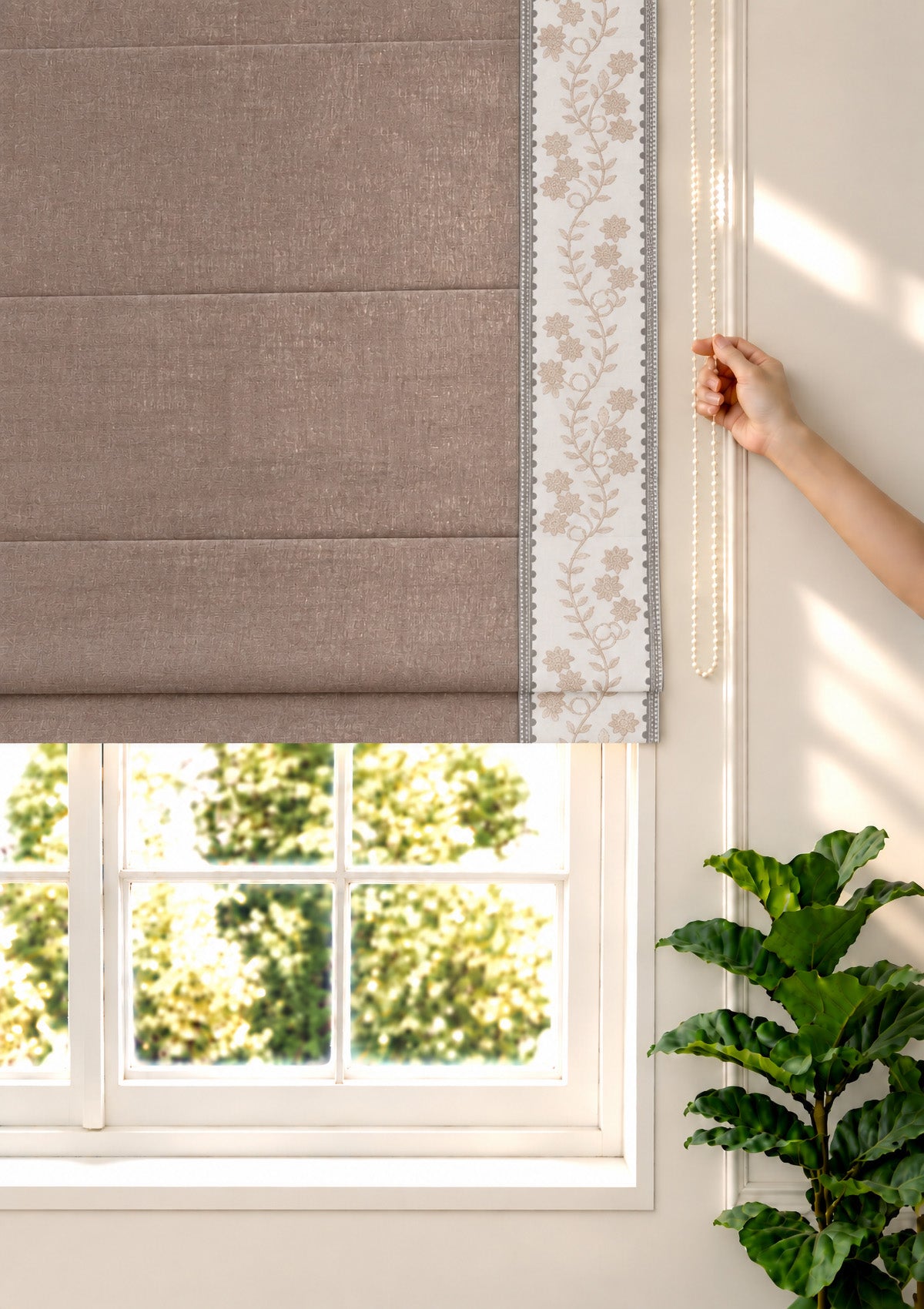 Mogra Fig Brown & Grey Floral Linen Cotton Blend Embroidered Blind For Livingroom / Bedroom | Room Darkening