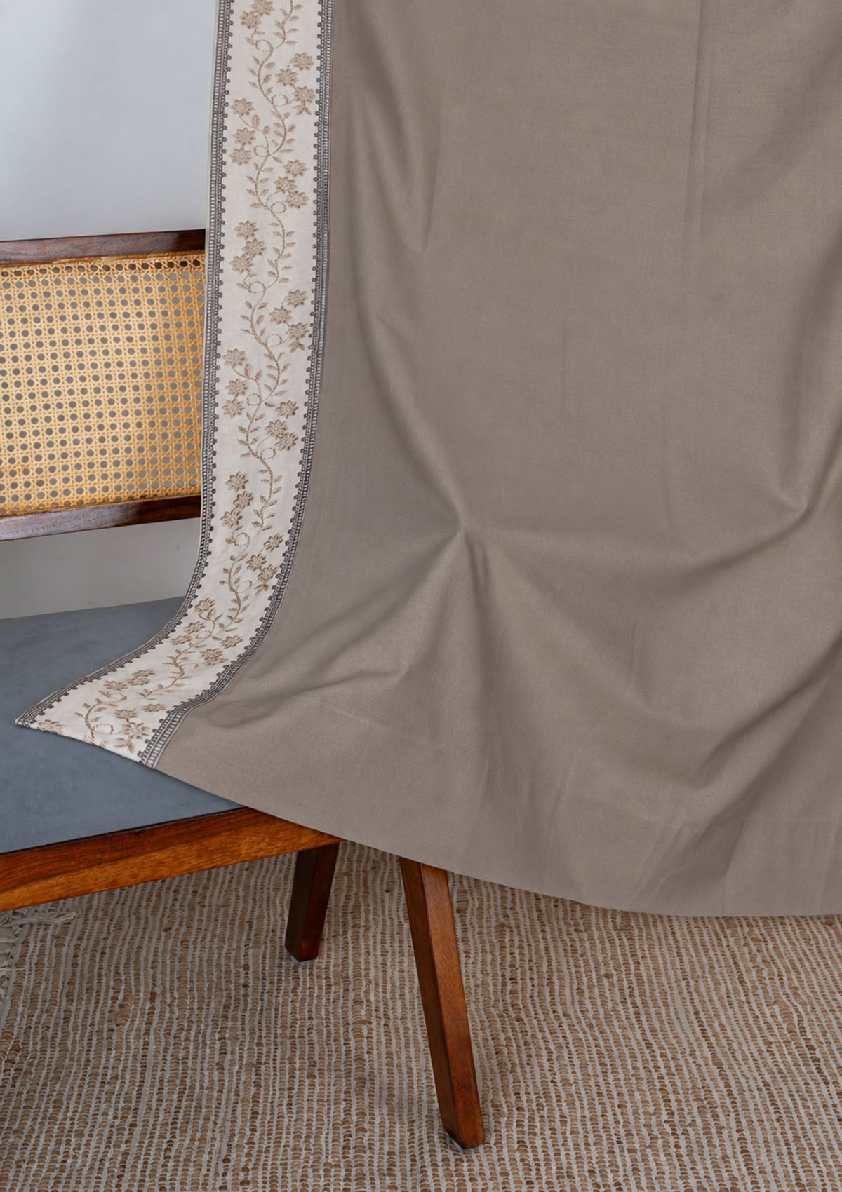Mogra Walnut Grey & Brown Floral 100% Cotton Embroidered Curtain For Livingroom / Bedroom | Room Darkening | Single Piece