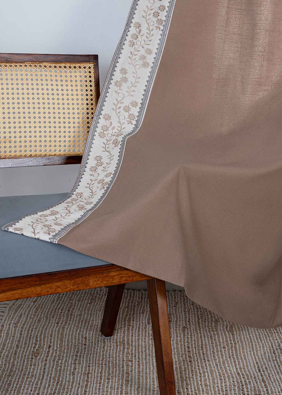 Mogra Chocolate Brown & Grey Floral 100% Cotton Embroidered Curtain For Livingroom / Bedroom | Room Darkening | Single Piece