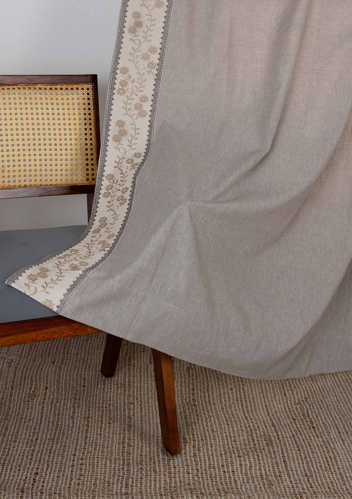 Mogra Elephant Grey & Brown Floral Linen Cotton Blend Embroidered Curtain For Livingroom / Bedroom | Room Darkening | Single Piece