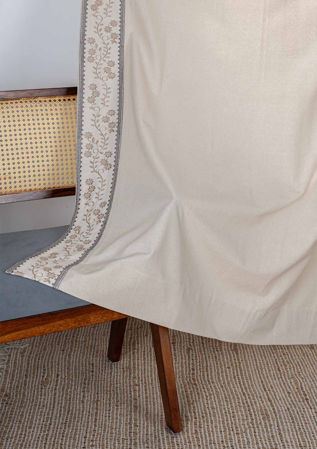 Mogra Beige Brown & Grey Floral 100% Cotton Embroidered Curtain For Livingroom / Bedroom | Light Reduction | Single Piece