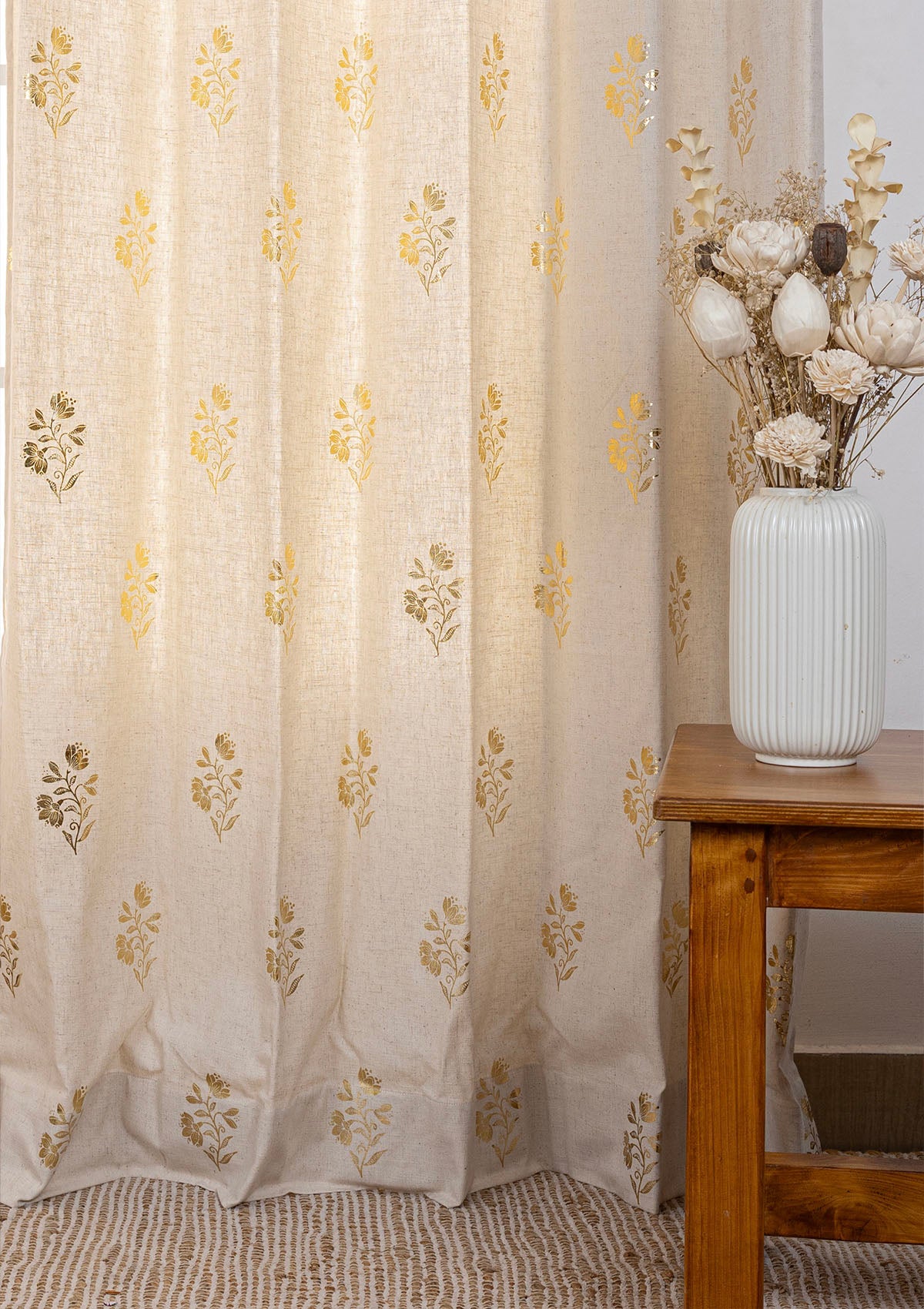Roha Gold Printed Linen Light Reduction Curtain & Induja Gold Printed Sheer - 100% Cotton for Living Room & Bedroom - Pack of 4
