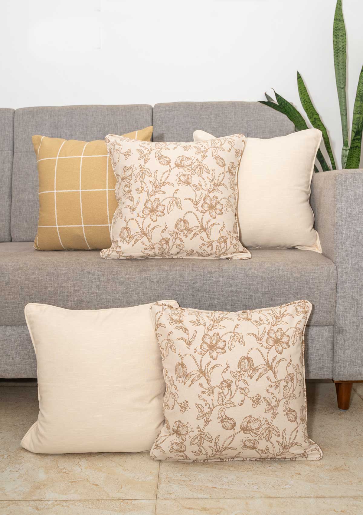 Cabin Checks geometric , French Farmhouse Beige, Solid cream cushion cover -16" x 16" -  Set of 5