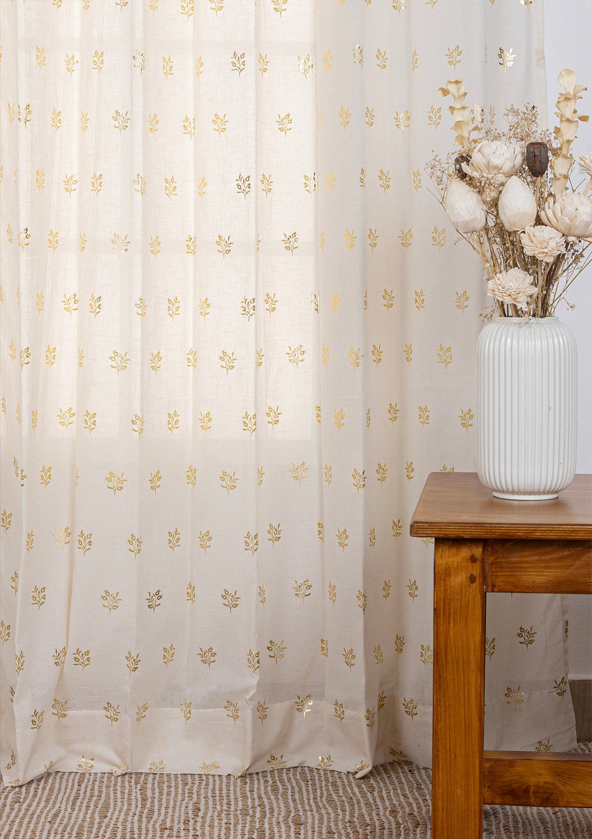 Roha Gold Printed Linen Light Reduction Curtain & Induja Gold Printed Sheer - 100% Cotton for Living Room & Bedroom - Pack of 4