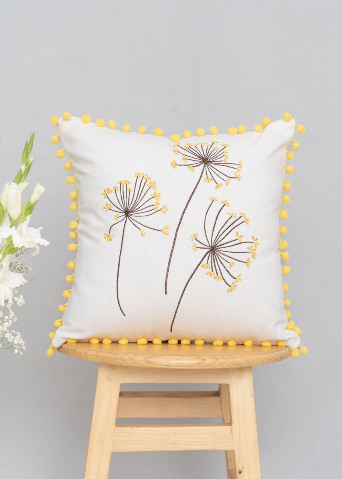 Dancing Dandelion Printed Cotton Cushion Cover - White-Yellow