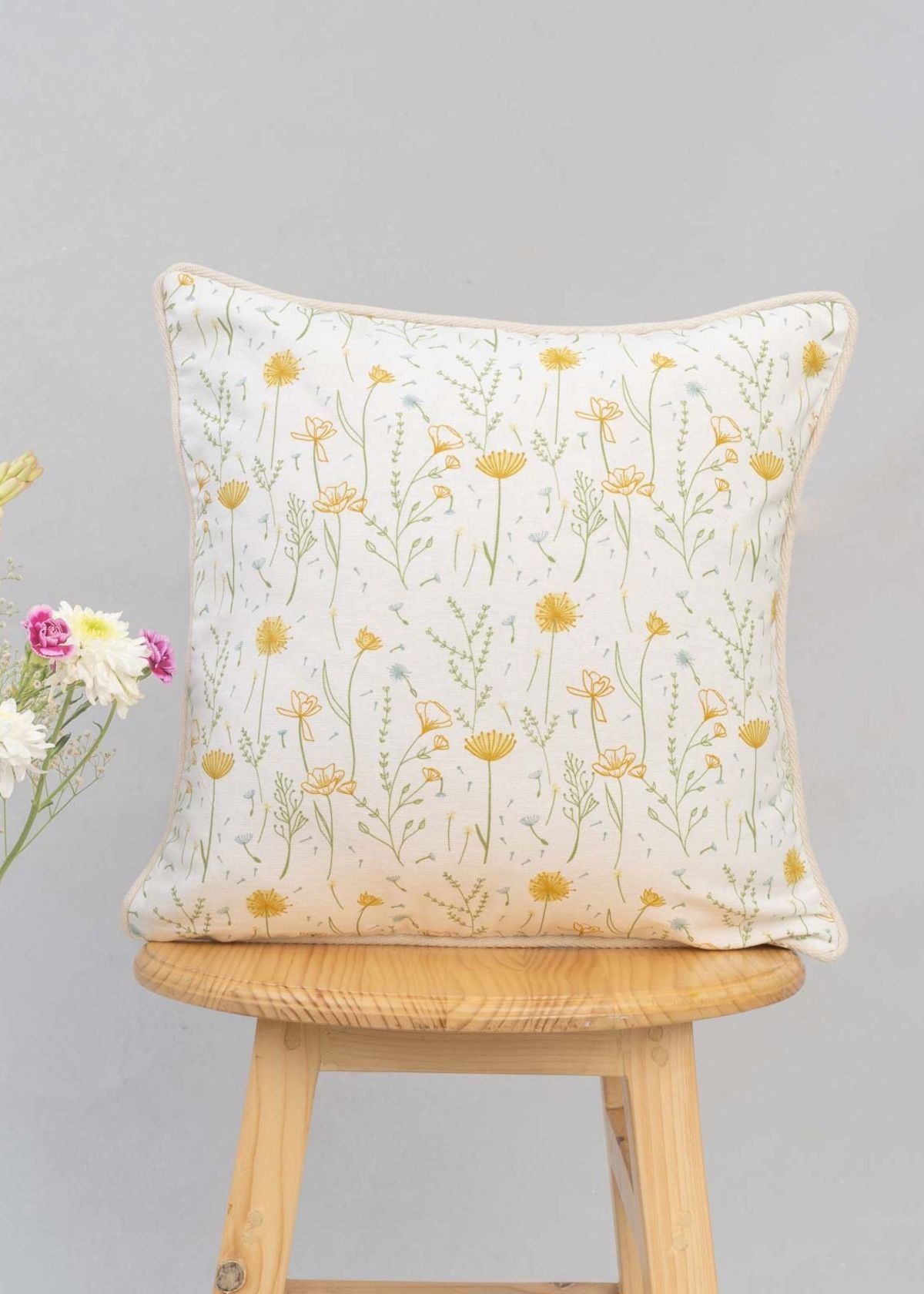 Drifting Dandelion Printed Cotton Cushion Cover - Yellow
