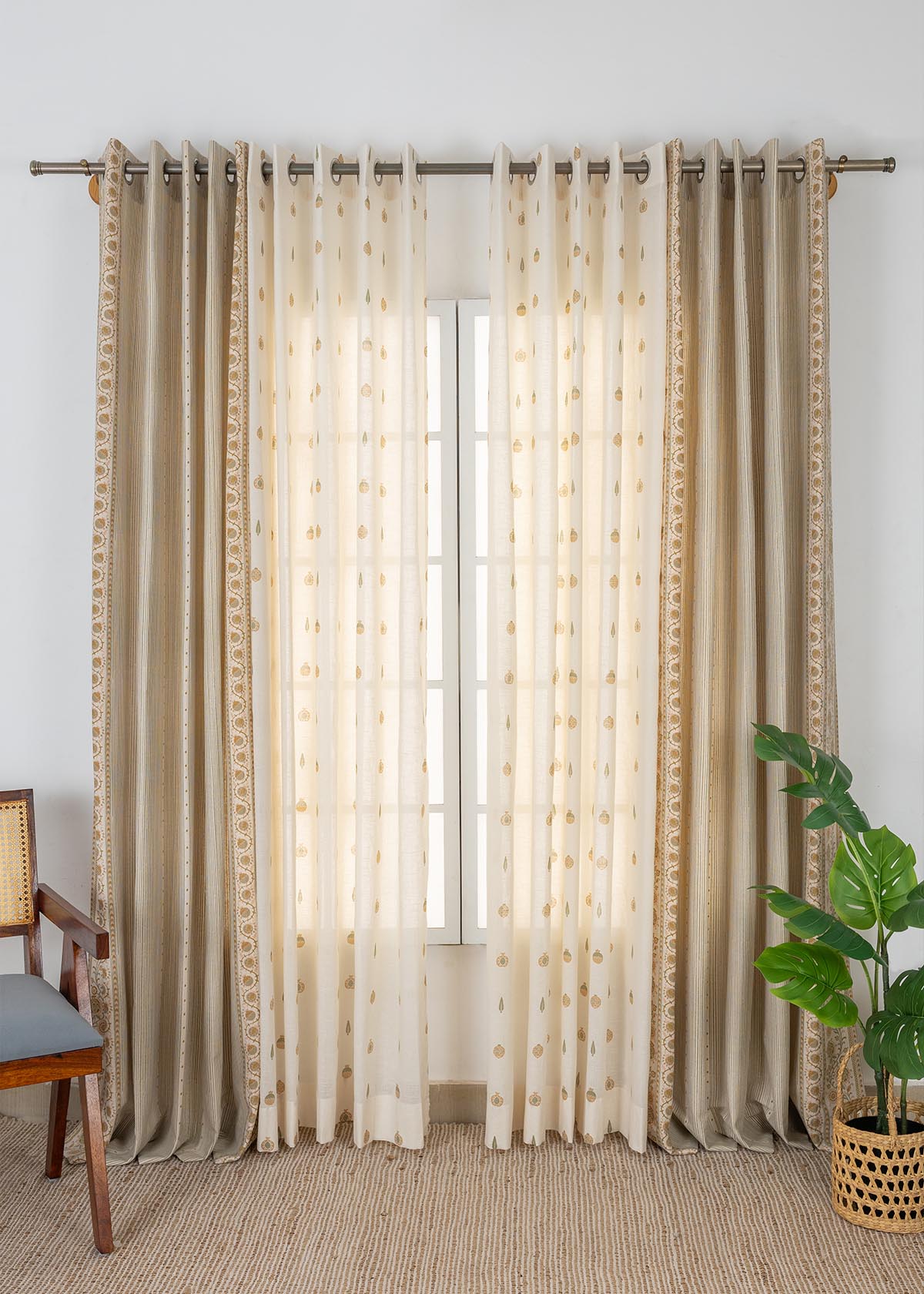 Anora Printed Cotton Light Reduction & Madhuram Printed Sheer Light Filtering | Green & Beige | 100% Cotton for Living Room & Bedroom | Ethnic | Combo Curtains | Pack of 4