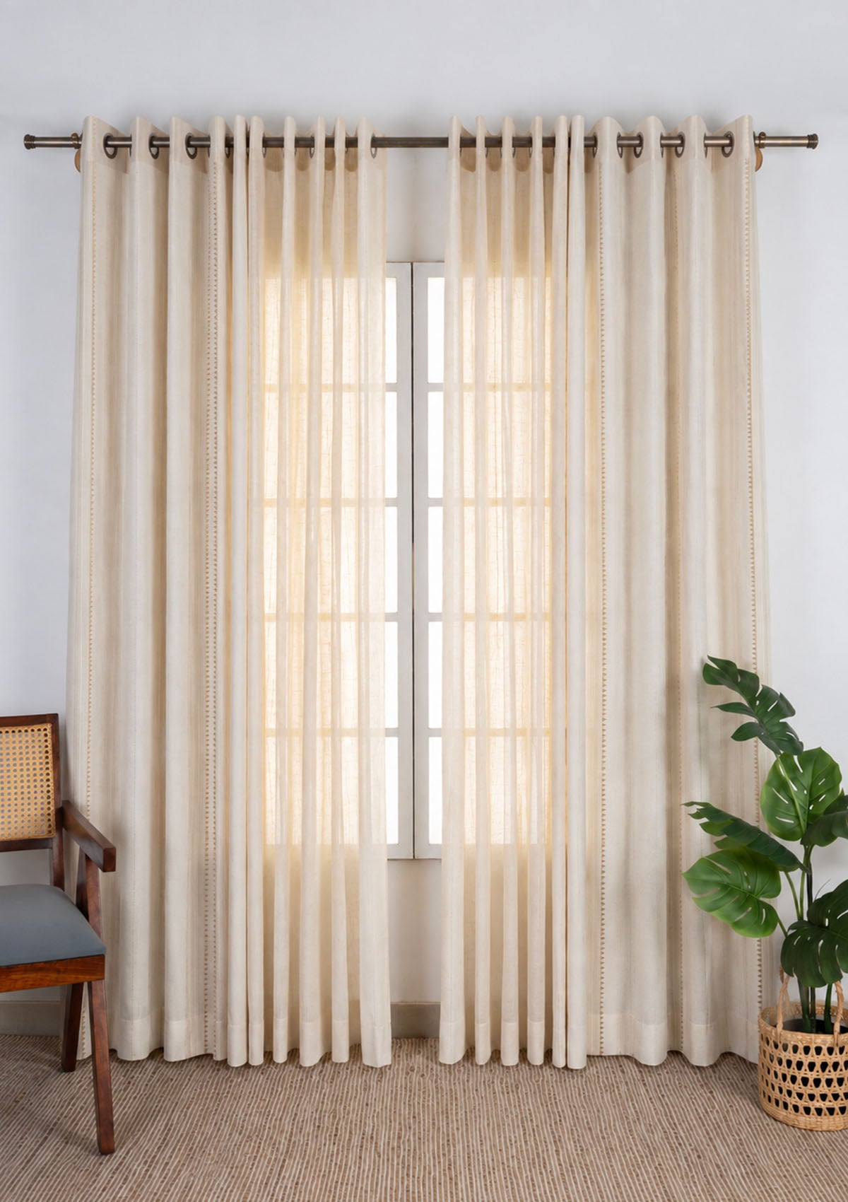 Daaram Textured Cotton Zari Blend Light Reduction & Husk Stripped Linen Textured Sheer Light Filtering | Gold & Beige | 100% Cotton for Living Room & Bedroom | Neutral | Combo Curtains | Pack of 4