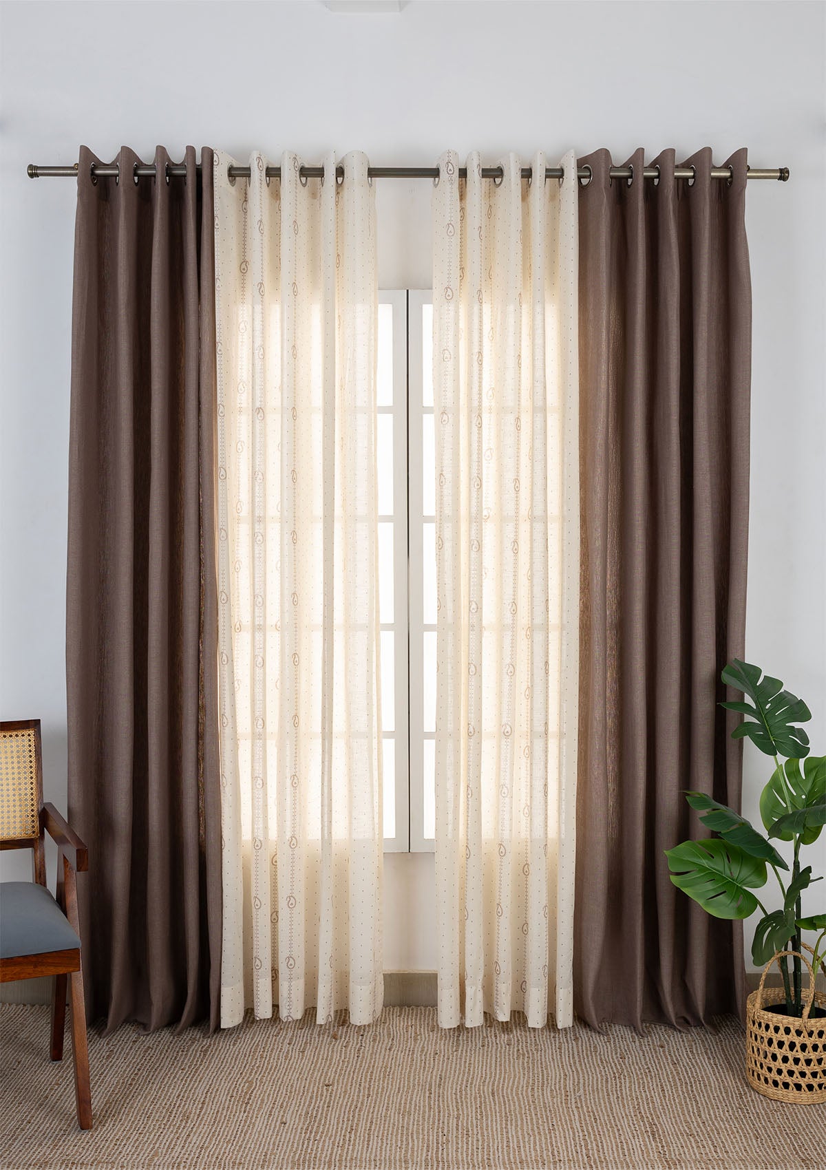 Fig Solid Linen Textured Room Darkening & Ambi Printed Sheer Light Filtering | Brown & Grey | 100% Cotton for Living Room & Bedroom | Ethnic | Combo Curtains | Pack of 4
