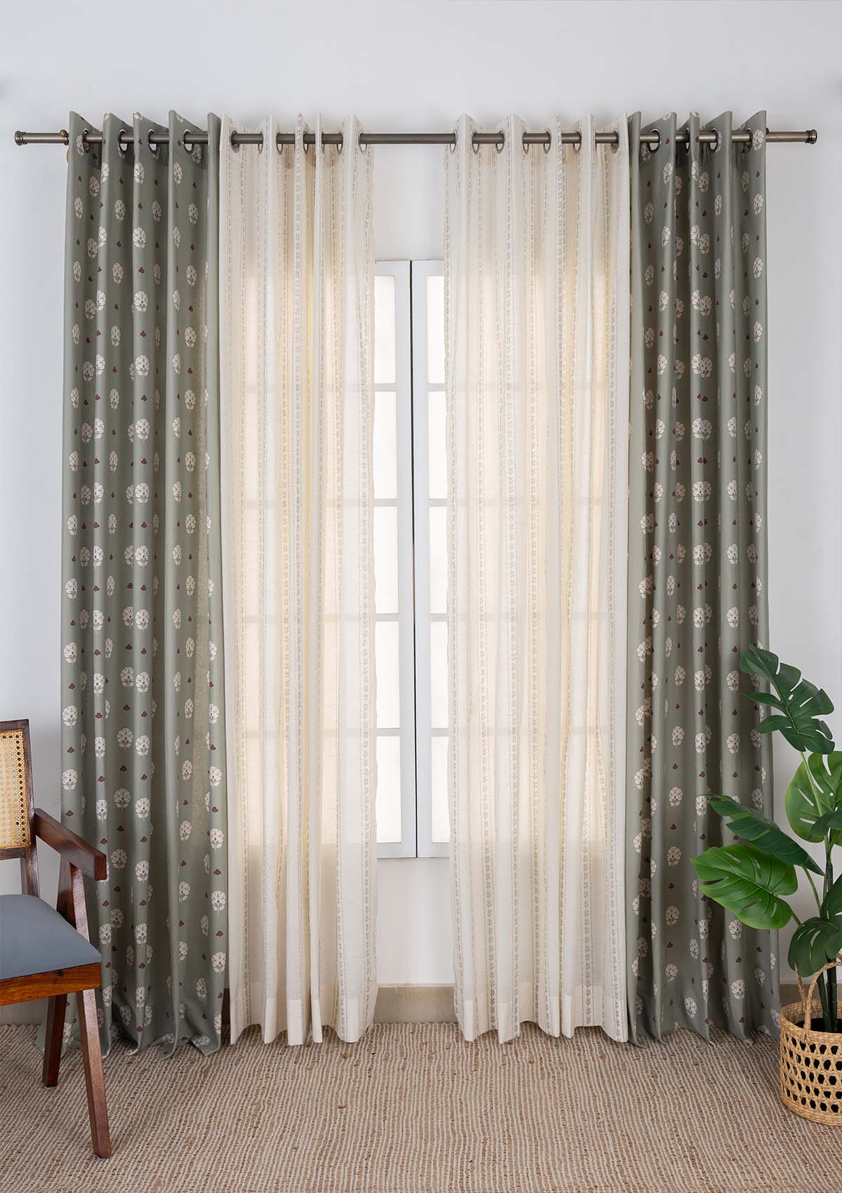 Gulnaar Printed Cotton Room Darkening & Juniper Printed Sheer Light Reduction | Green | 100% Cotton for Living Room & Bedroom | Ethnic & Floral | Combo Curtains | Pack of 4