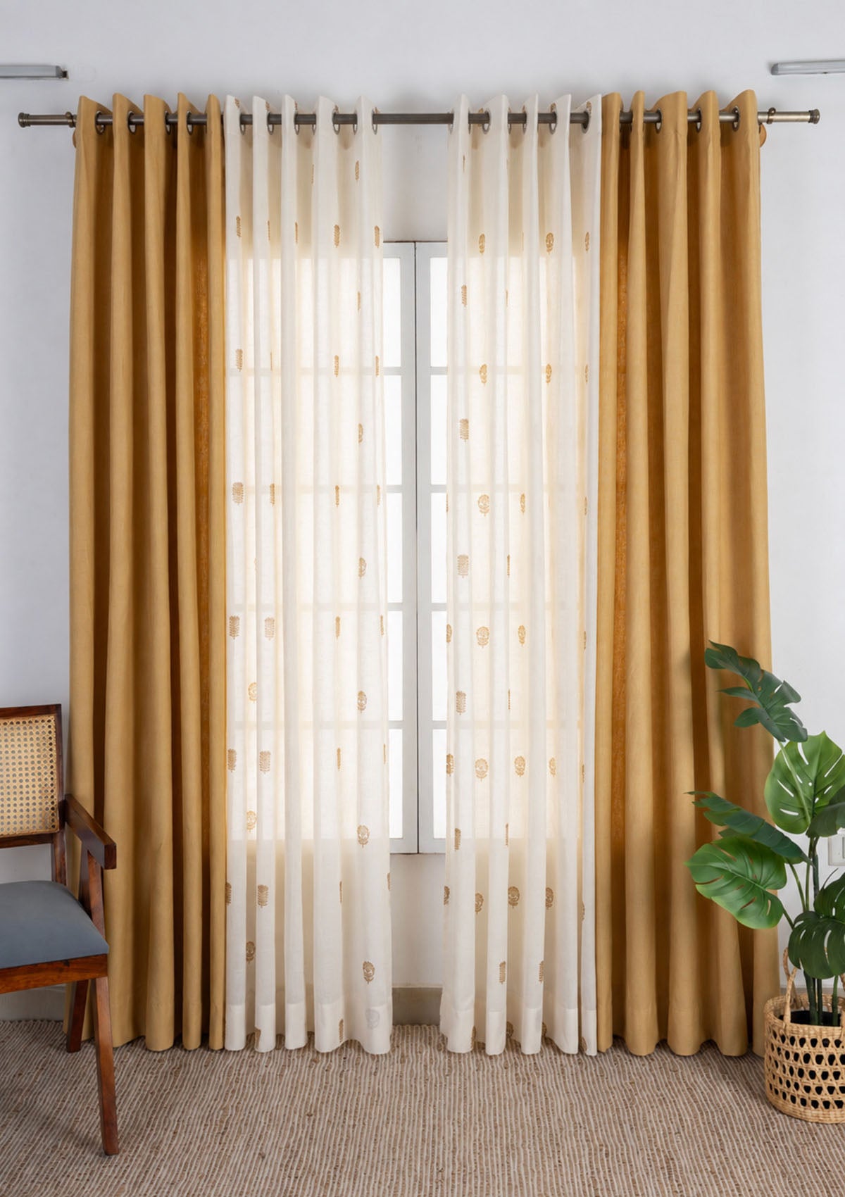 Honey Solid Linen Cotton Room Darkening & Baagh Printed Sheer Light Filtering | Yellow & Mustard | 100% Cotton for Living Room & Bedroom | Ethnic | Combo Curtains | Pack of 4