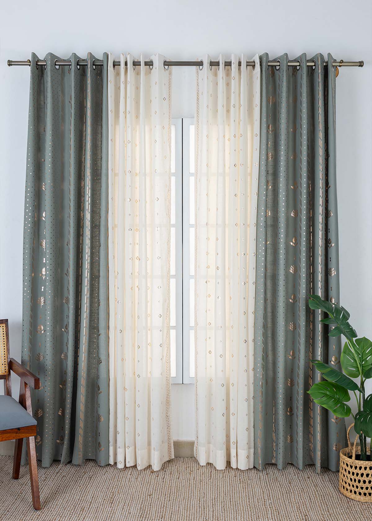 Iniya Copper Printed Cotton Room Darkening & Kani Printed Sheer Light Filtering | Green & Beige | 100% Cotton for Living Room & Bedroom | Ethnic & Geometric | Combo Curtains | Pack of 4