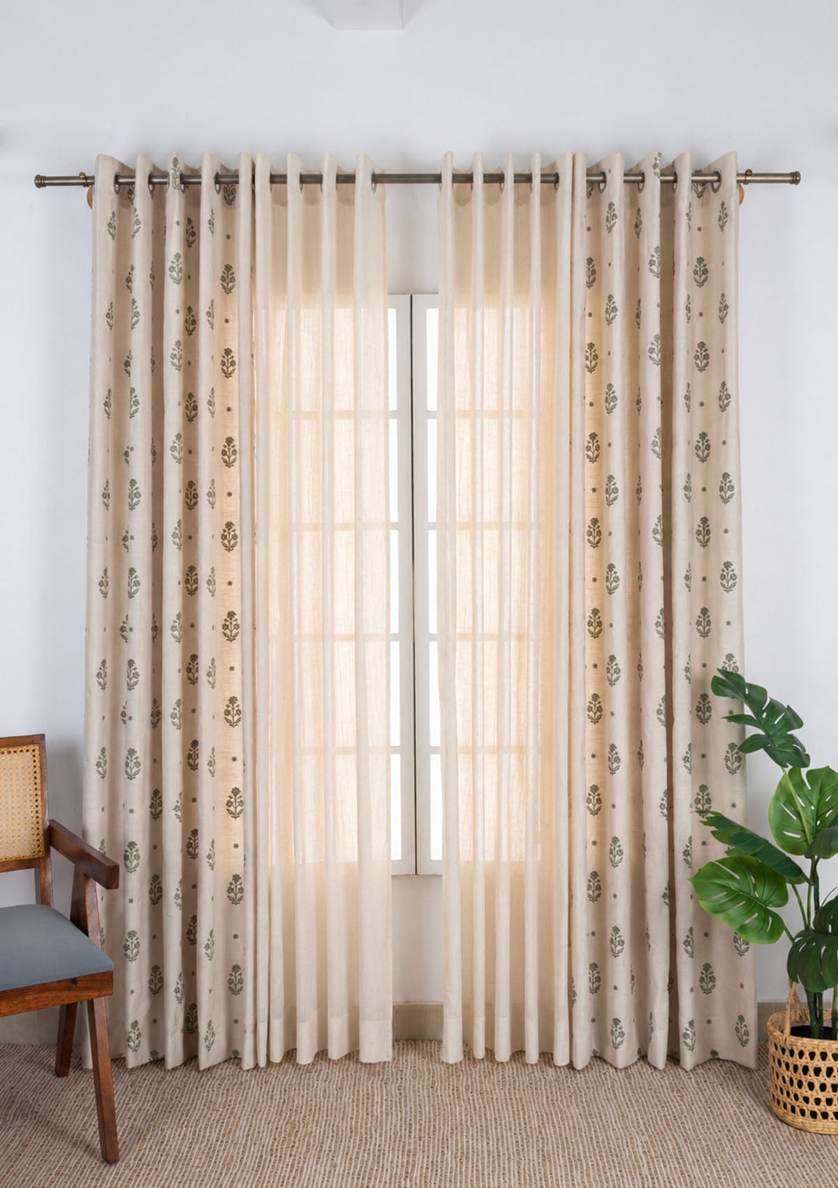 Juhi Embroidered Cotton Light Reduction & Husk Stripped Linen Sheer Light Filtering | Green & Beige | 100% Cotton for Living Room & Bedroom | Floral & Neutral  | Combo Curtains | Pack of 4
