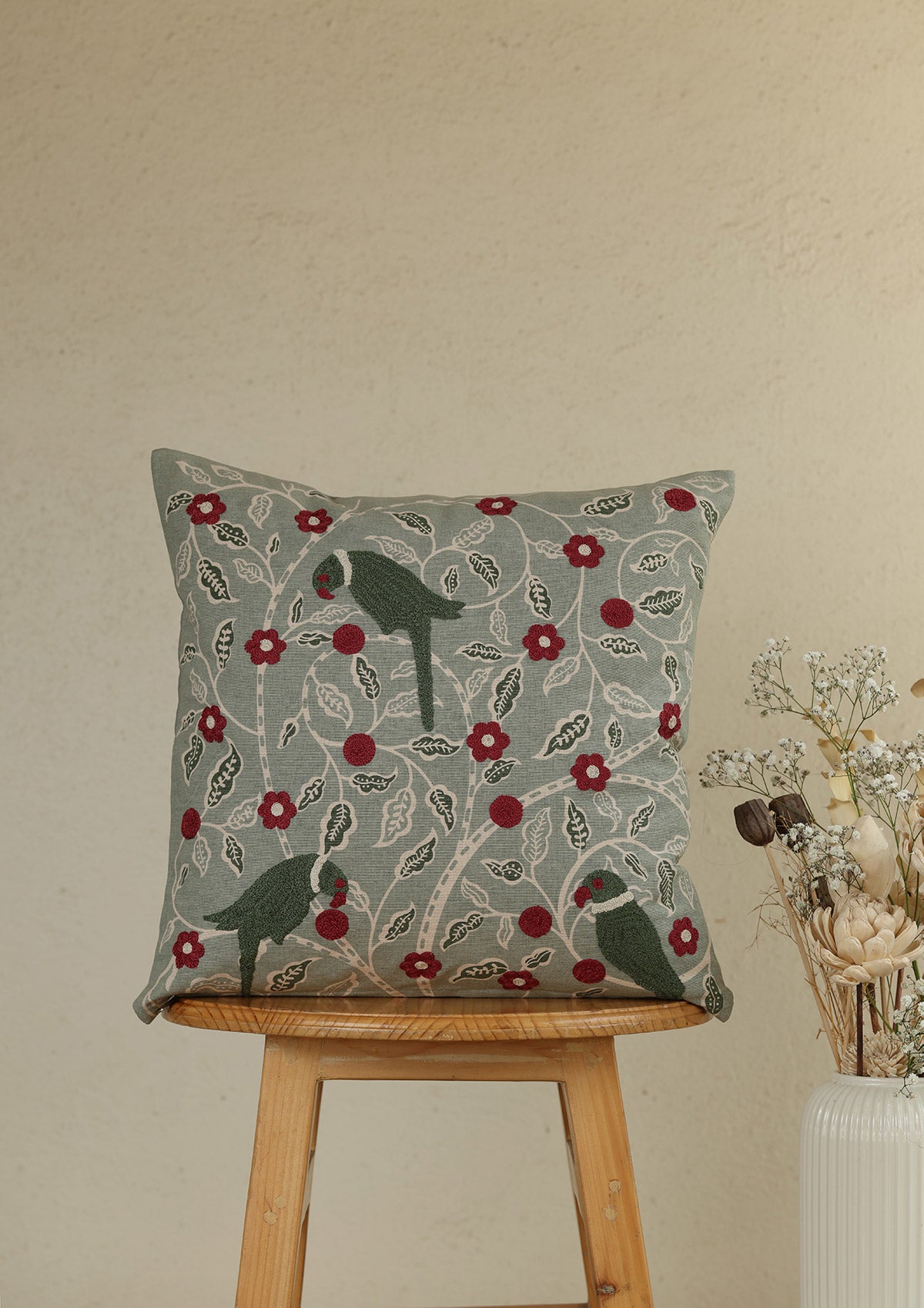Khera & Rohida Green & Red | Embroidered Printed Floral | 100% Cotton Cushion Cover For Sofa | Pack of 2