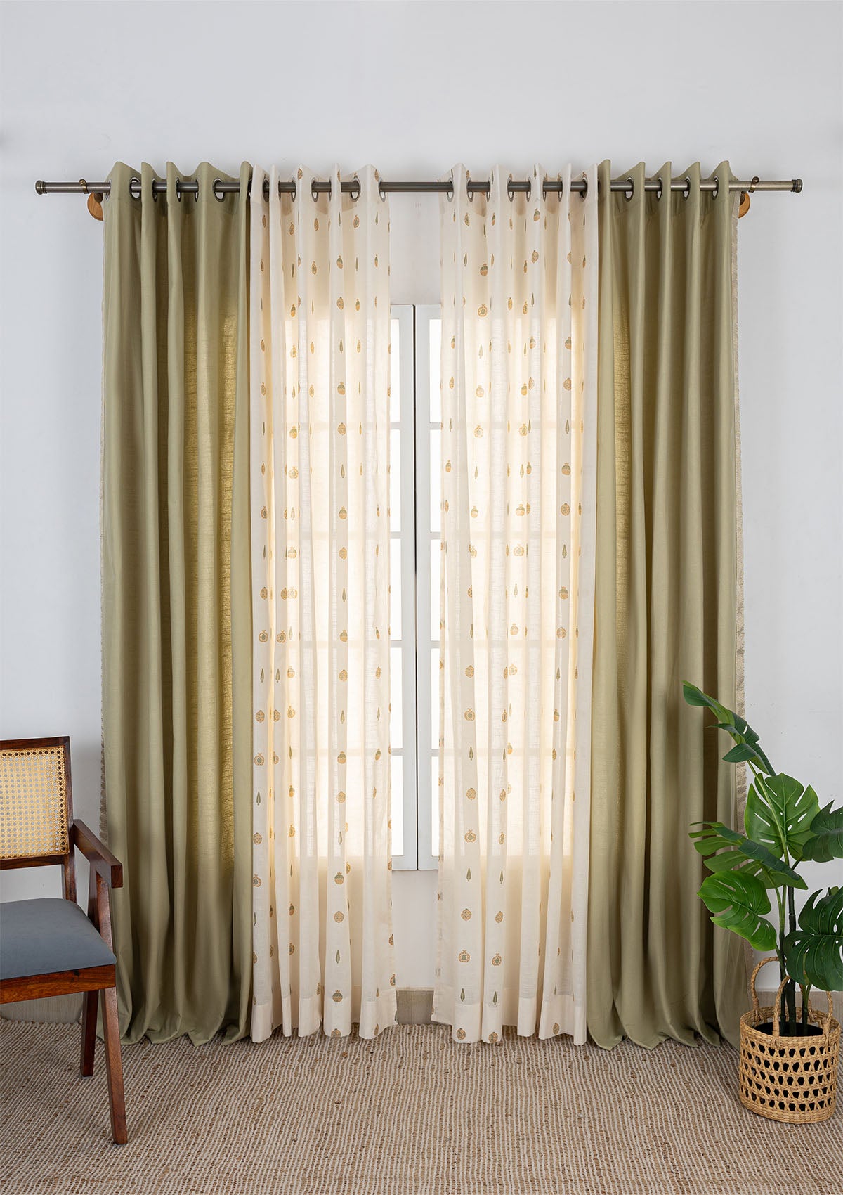 Kinari Textured Cotton Room Darkening & Madhuram Printed Sheer Light Filtering | Green & Beige | 100% Cotton for Living Room & Bedroom | Ethnic | Combo Curtains | Pack of 4