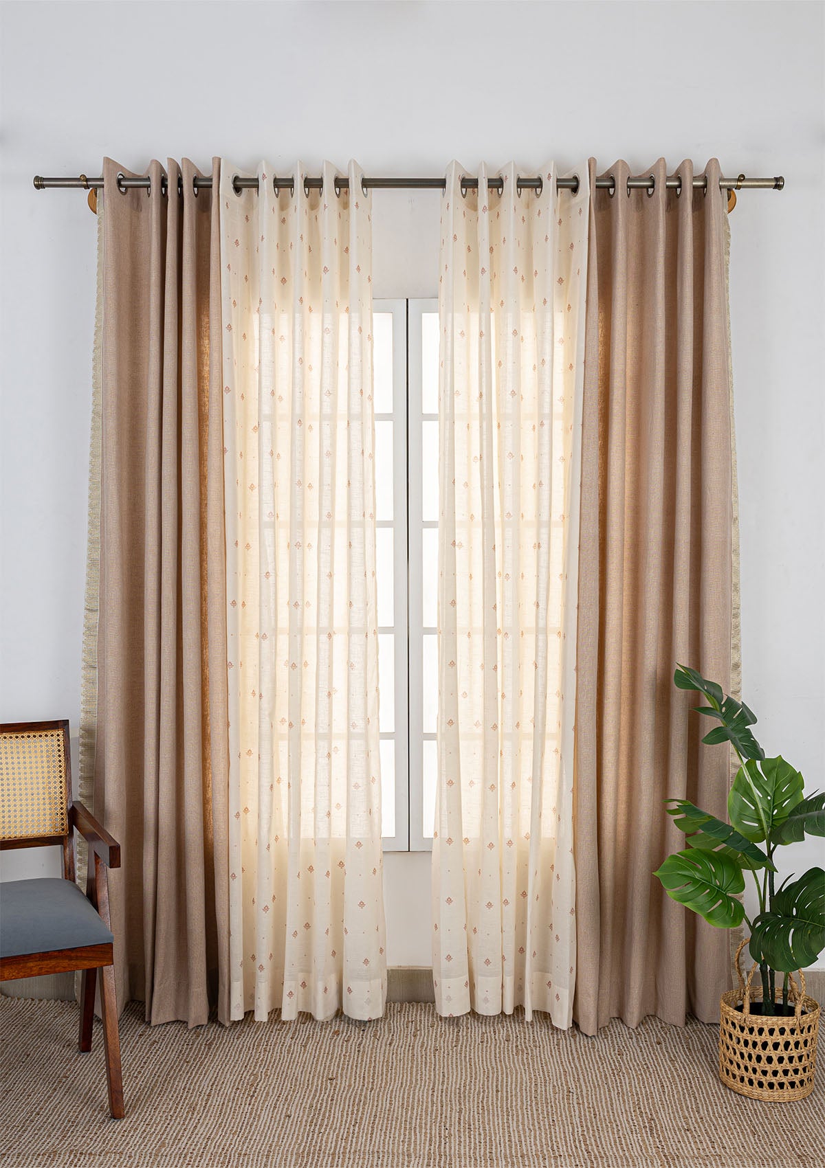 Kinari Linen Textured Room Darkening & Cava Printed Sheer Light Filtering | Pink & Rust | 100% Cotton for Living Room & Bedroom | Ethnic & Minimal | Combo Curtains | Pack of 4