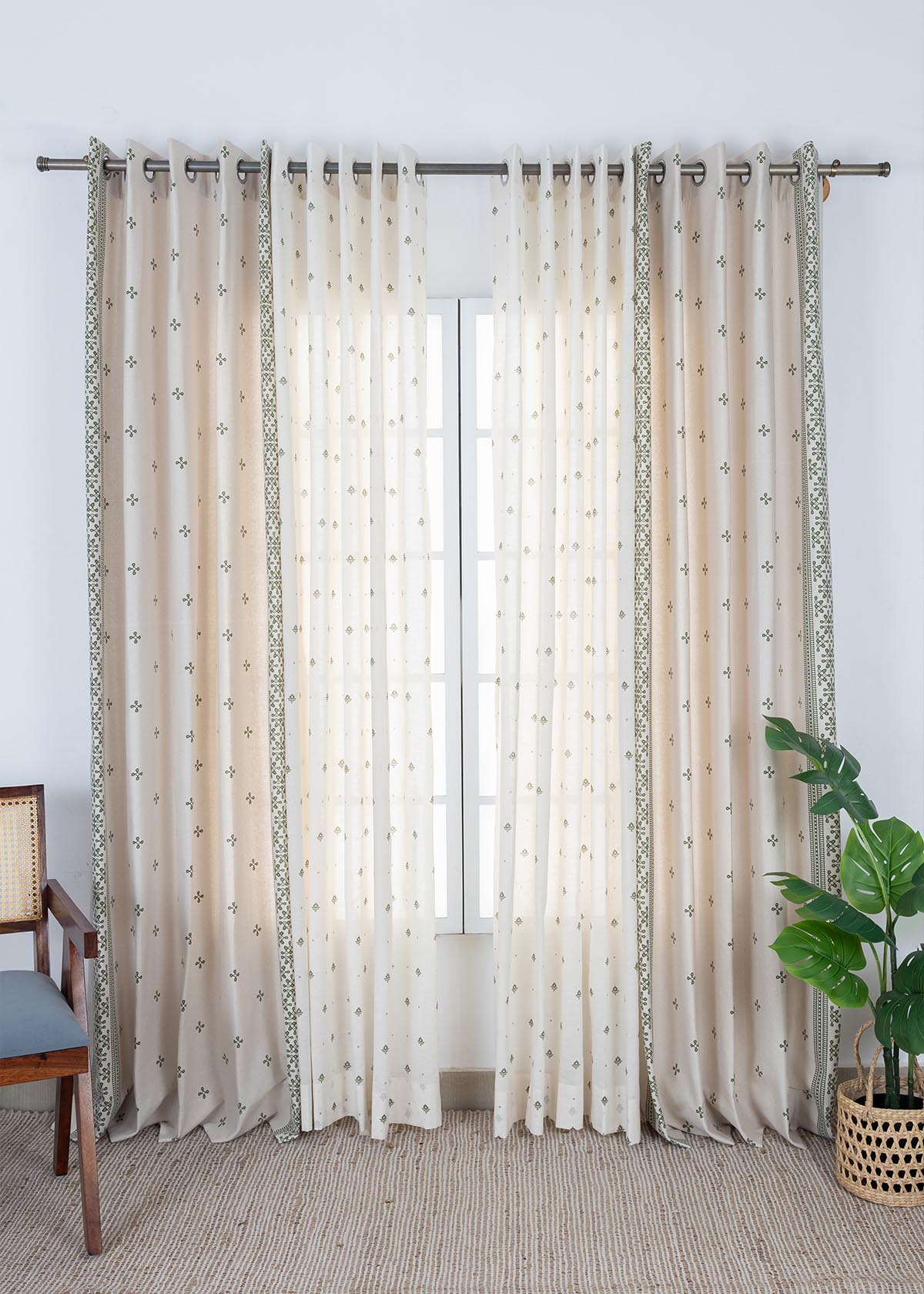 Kolam Printed Cotton Light Reduction & Cava Printed Sheer Light Filtering |  Pepper Green | 100% Cotton for Living Room & Bedroom | Minimal | Combo Curtains | Pack of 4
