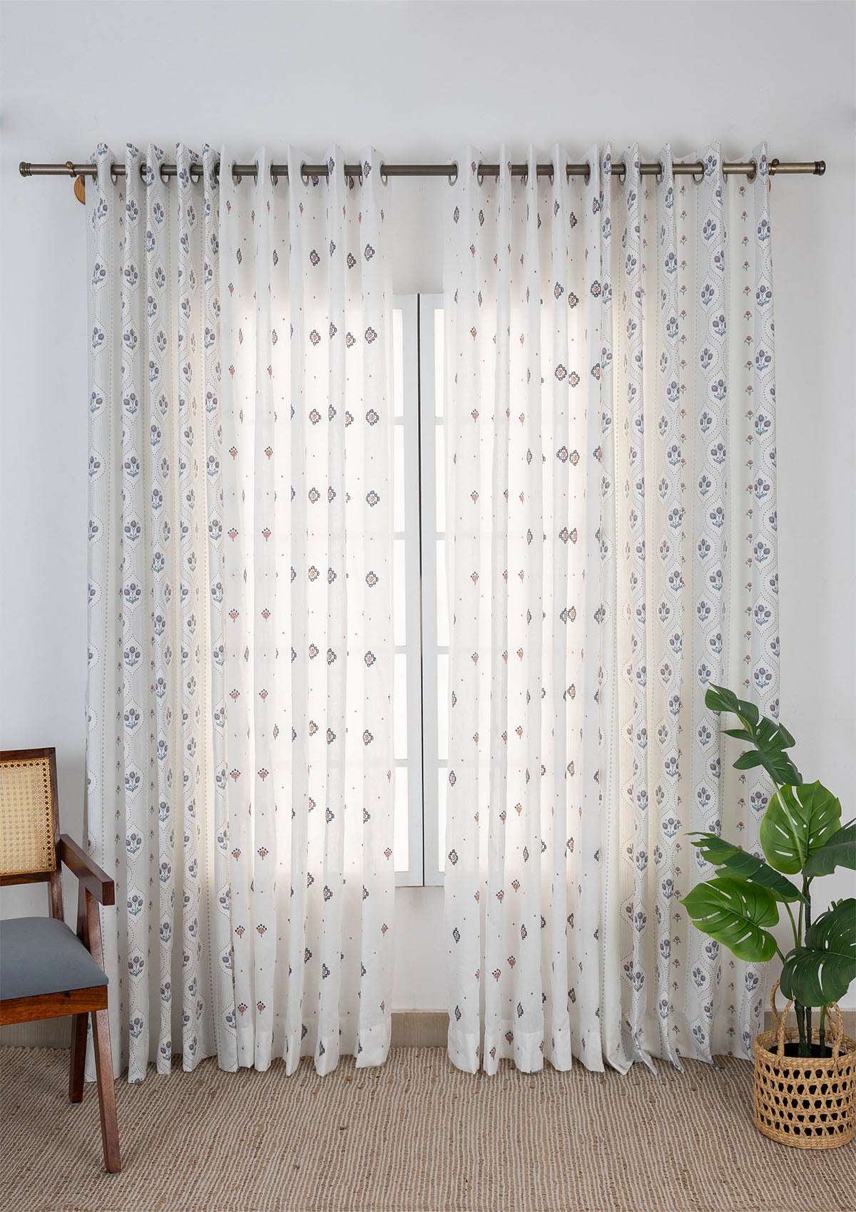 Meher Printed Cotton Light Reduction & Ira Embroidered Sheer Light Filtering | Blue & Pink | 100% Cotton for Living Room & Bedroom | Floral & Ethnic | Combo Curtains | Pack of 4