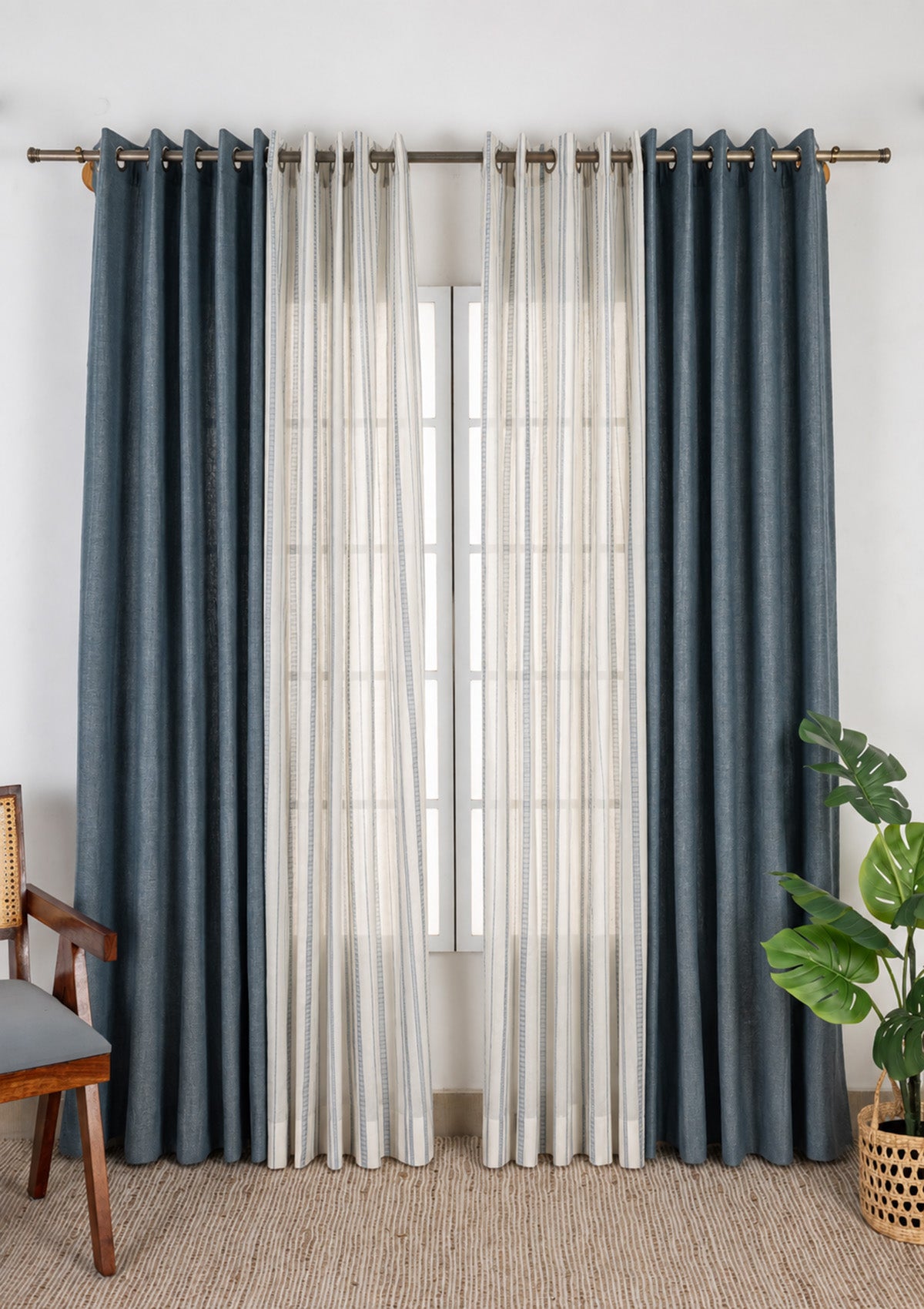 Nilgiri Solid Textured Linen Room Darkening & Still Water Printed Sheer Light Filtering | Nilgiri Blue & Mist Blue | 100% Cotton for Living Room & Bedroom | Geometric | Combo Curtains | Pack of 4