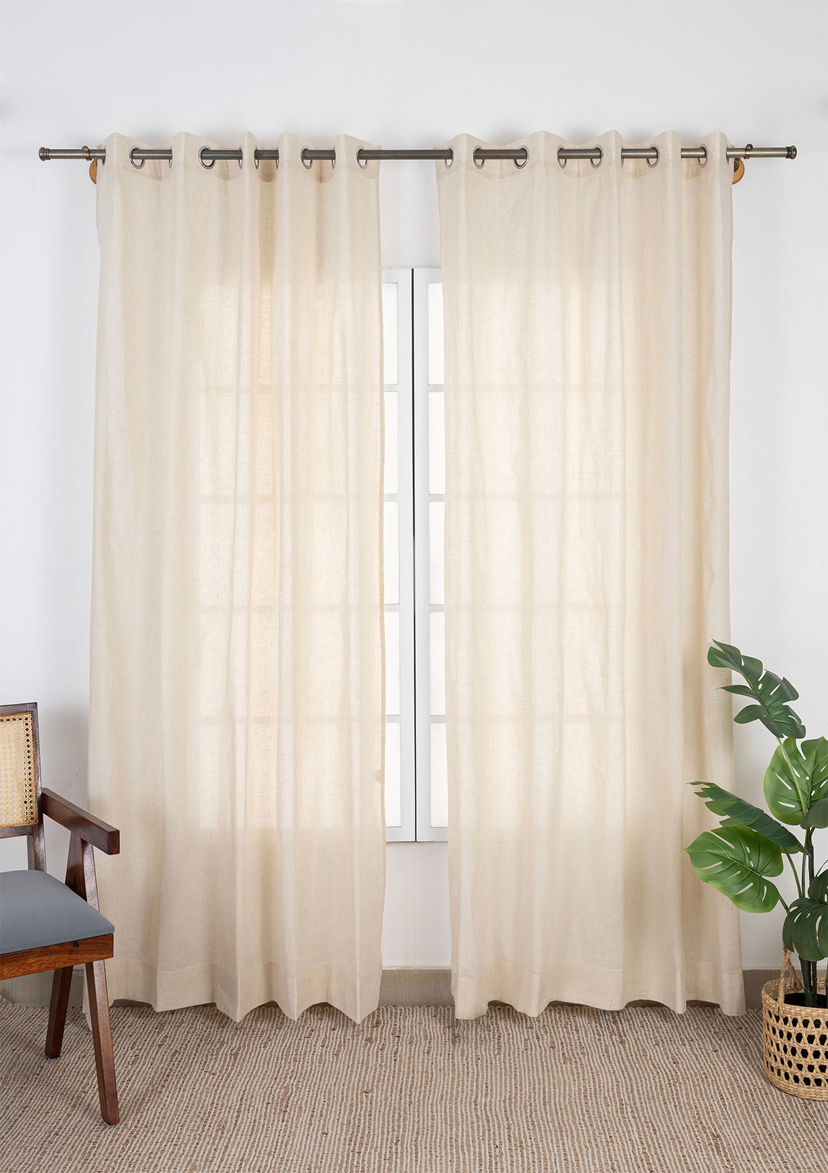 Almond Plain Beige Neutral Linen Cotton Blend Sheer Textured Curtain For Livingroom / Bedroom | Light Filtering | Single Piece