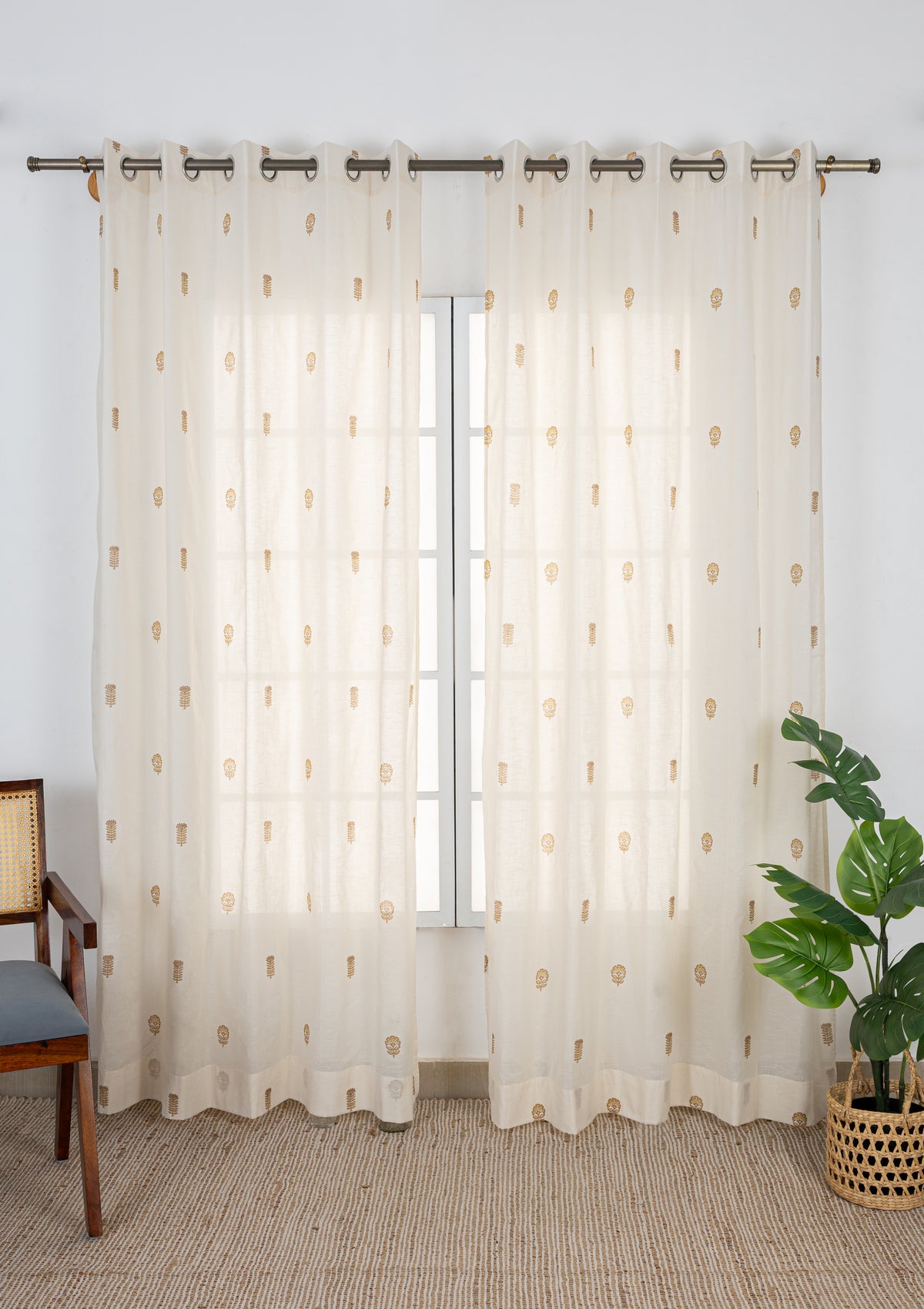 Baagh Mustard Floral 100% Cotton Sheer Printed Curtain For Livingroom / Bedroom | Light Filtering | Single Piece
