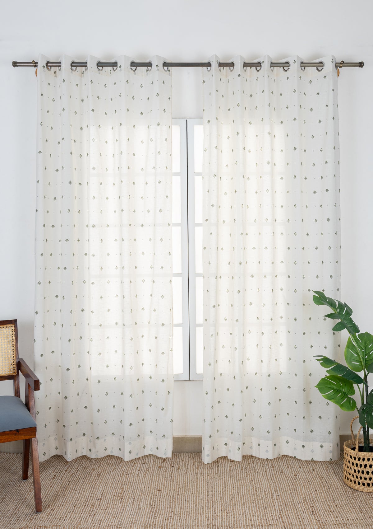 Cava Pepper Green Minimal 100% Cotton Sheer Printed Curtain For Livingroom / Bedroom | Light Filtering | Single Piece