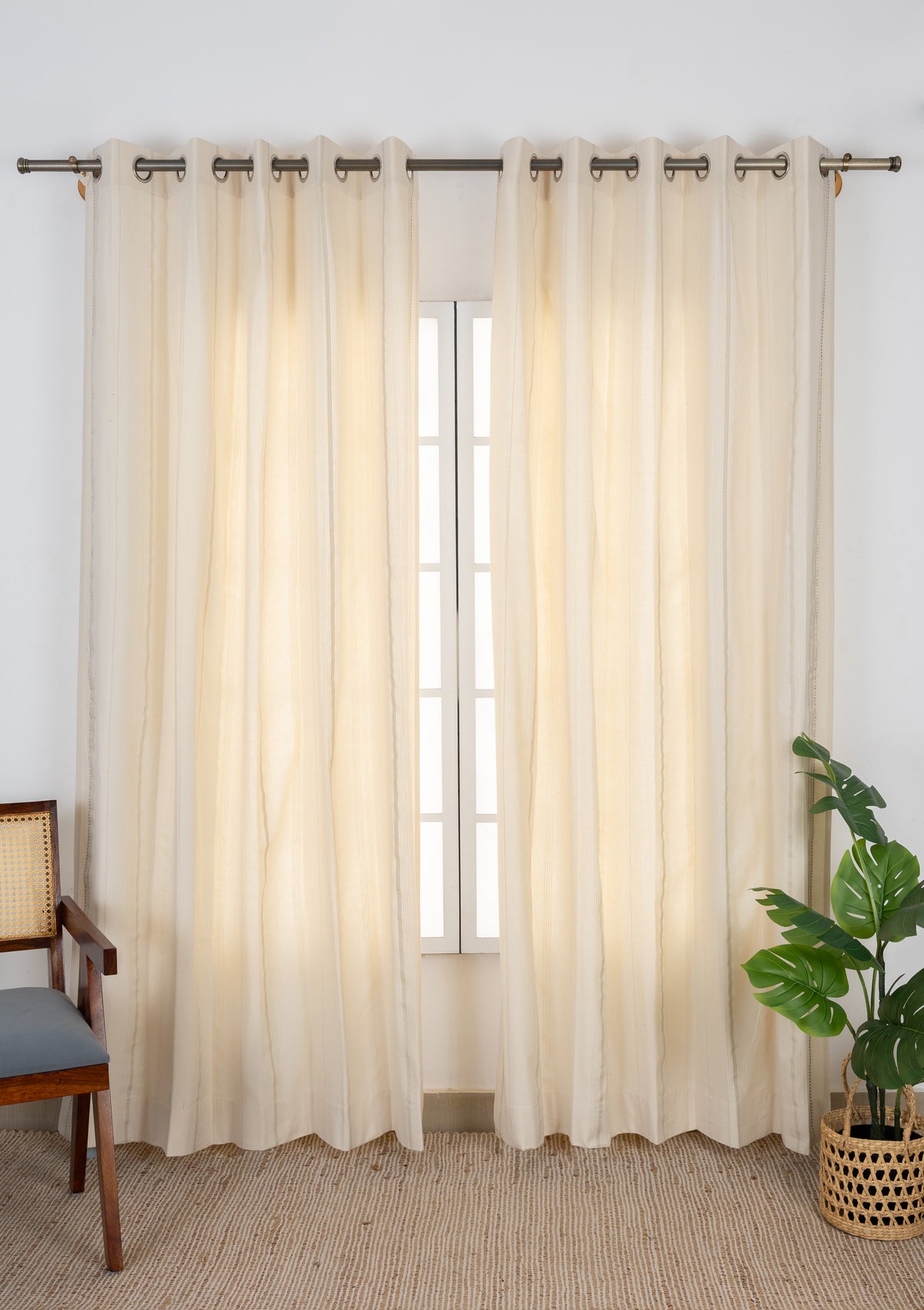 Daaram Gold & Beige Neutral Cotton Zari Blend Textured Curtain For Livingroom / Bedroom | Light Reduction | Single Piece