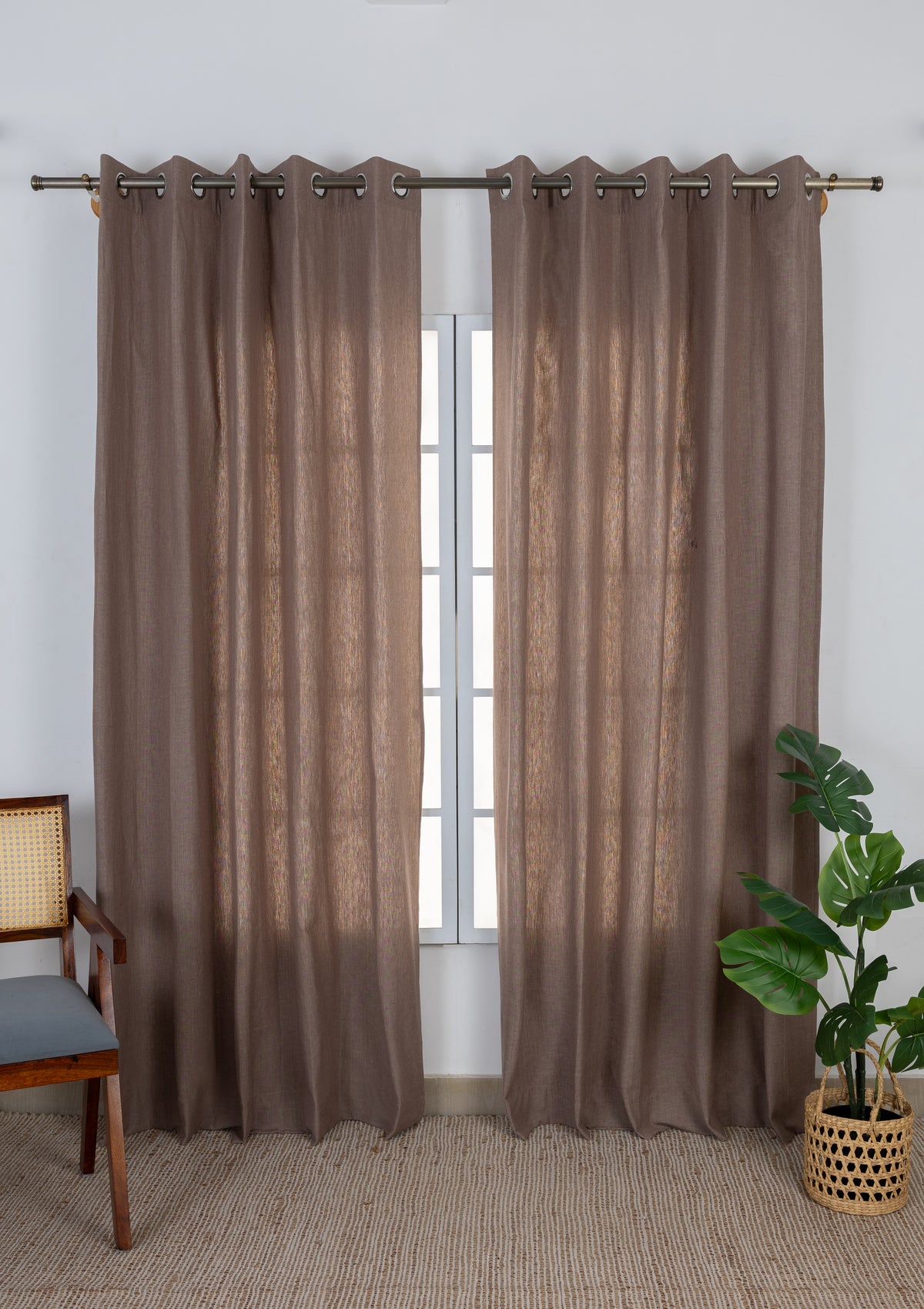 Fig Brown Solid Linen Cotton Blend Textured Curtain For Livingroom / Bedroom | Room Darkening | Single Piece