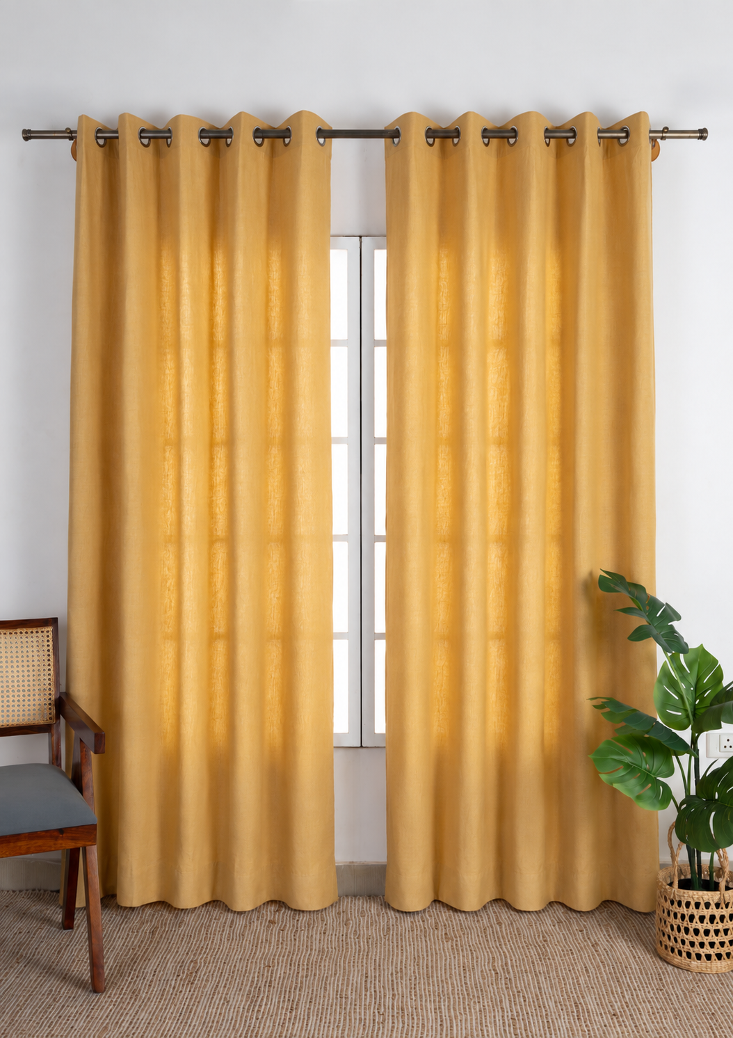Honey Yellow Mustard Solid Linen Cotton Blend Textured Curtain For Livingroom / Bedroom | Room Darkening | Single Piece