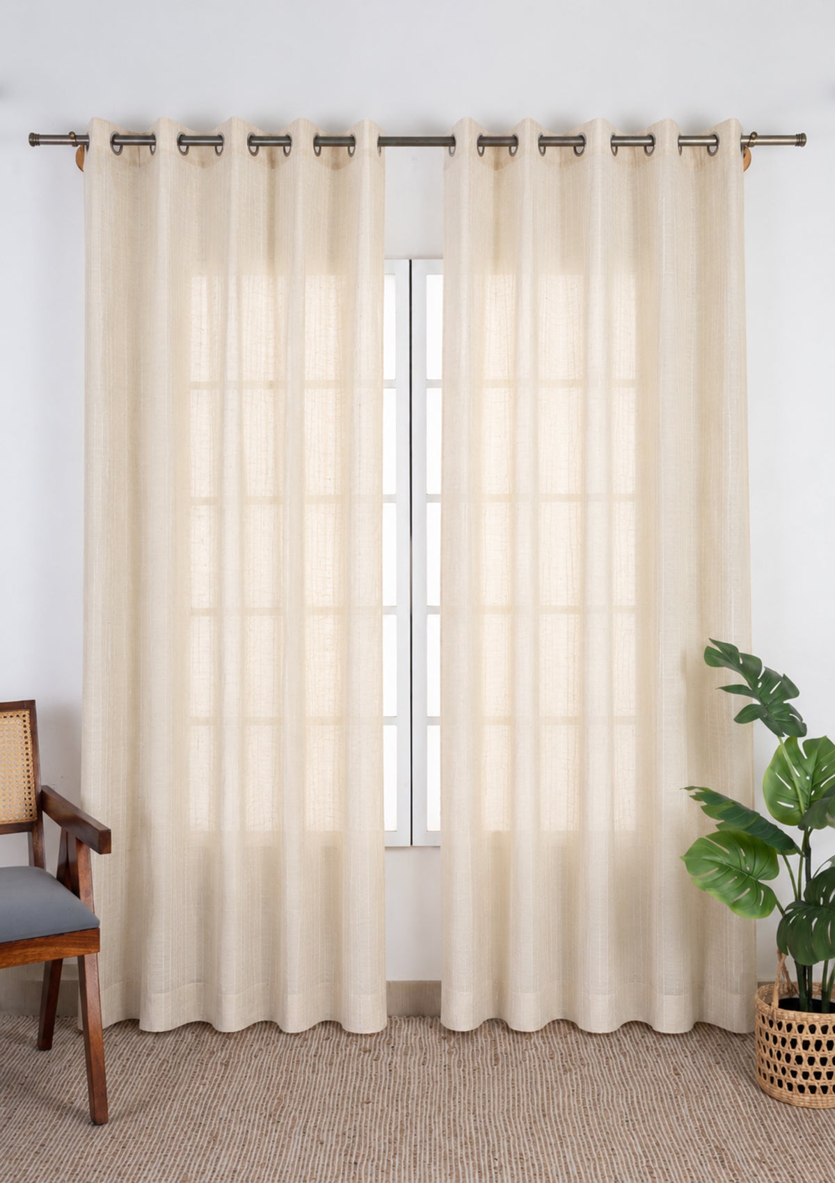 Husk Stripped Beige Neutral Linen Cotton Blend Sheer Textured Curtain For Livingroom / Bedroom | Light Filtering | Single Piece