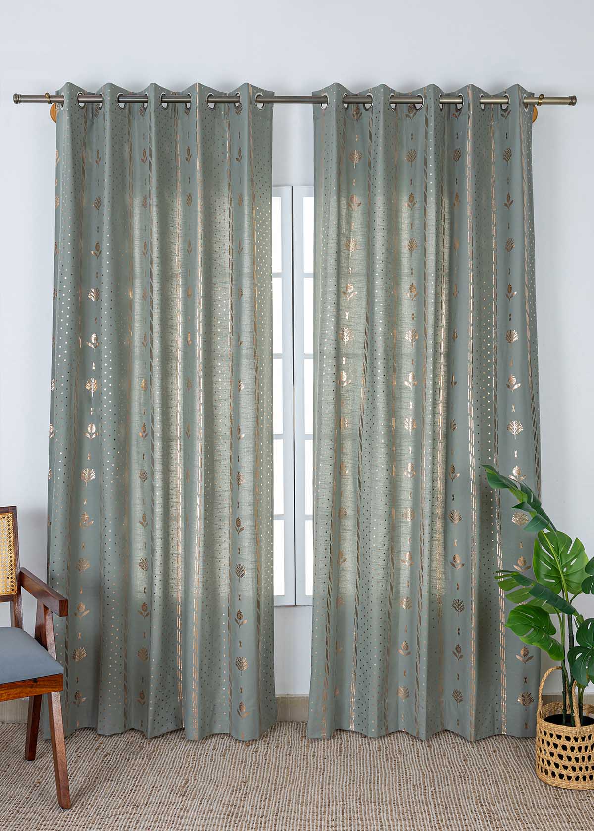 Iniya Green & Copper Ethnic 100% Cotton Copper Printed Curtain For Livingroom / Bedroom | Room Darkening | Single Piece