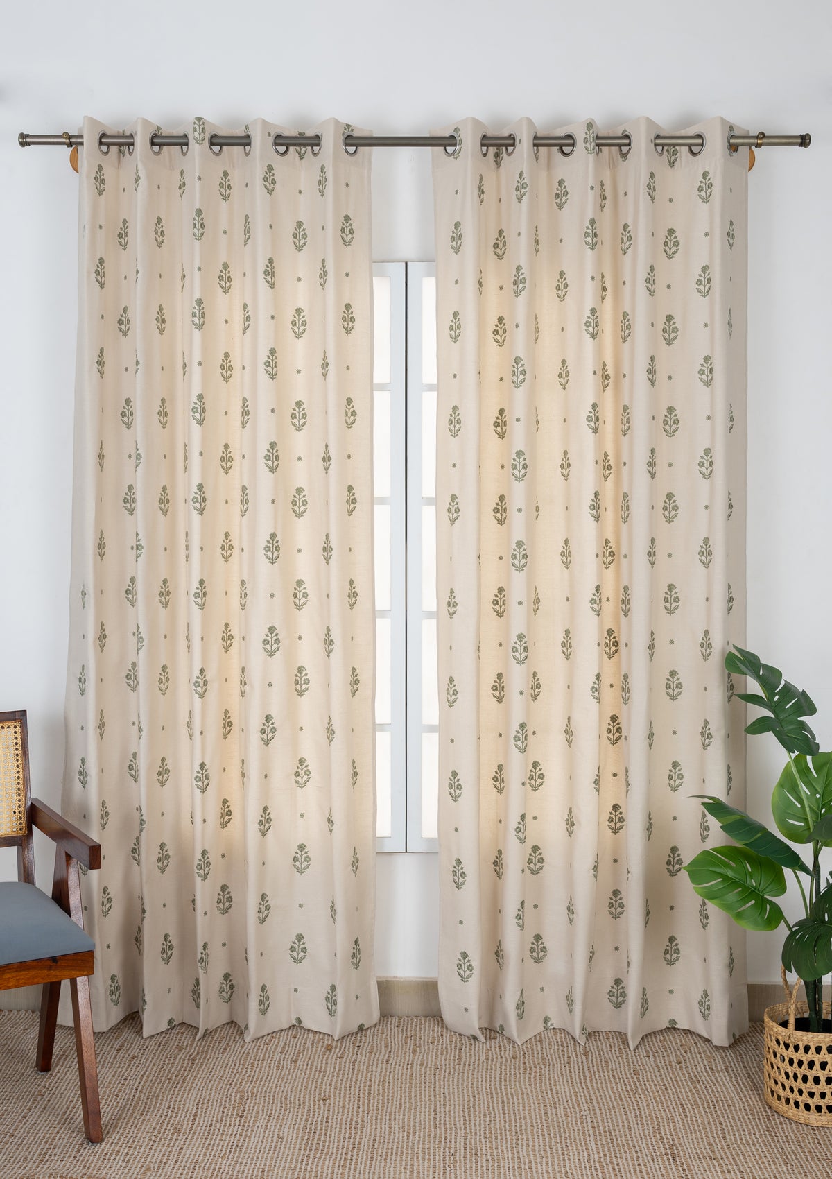 Juhi Green Floral 100% Cotton Embroidered Curtain For Livingroom / Bedroom | Light Reduction | Single Piece