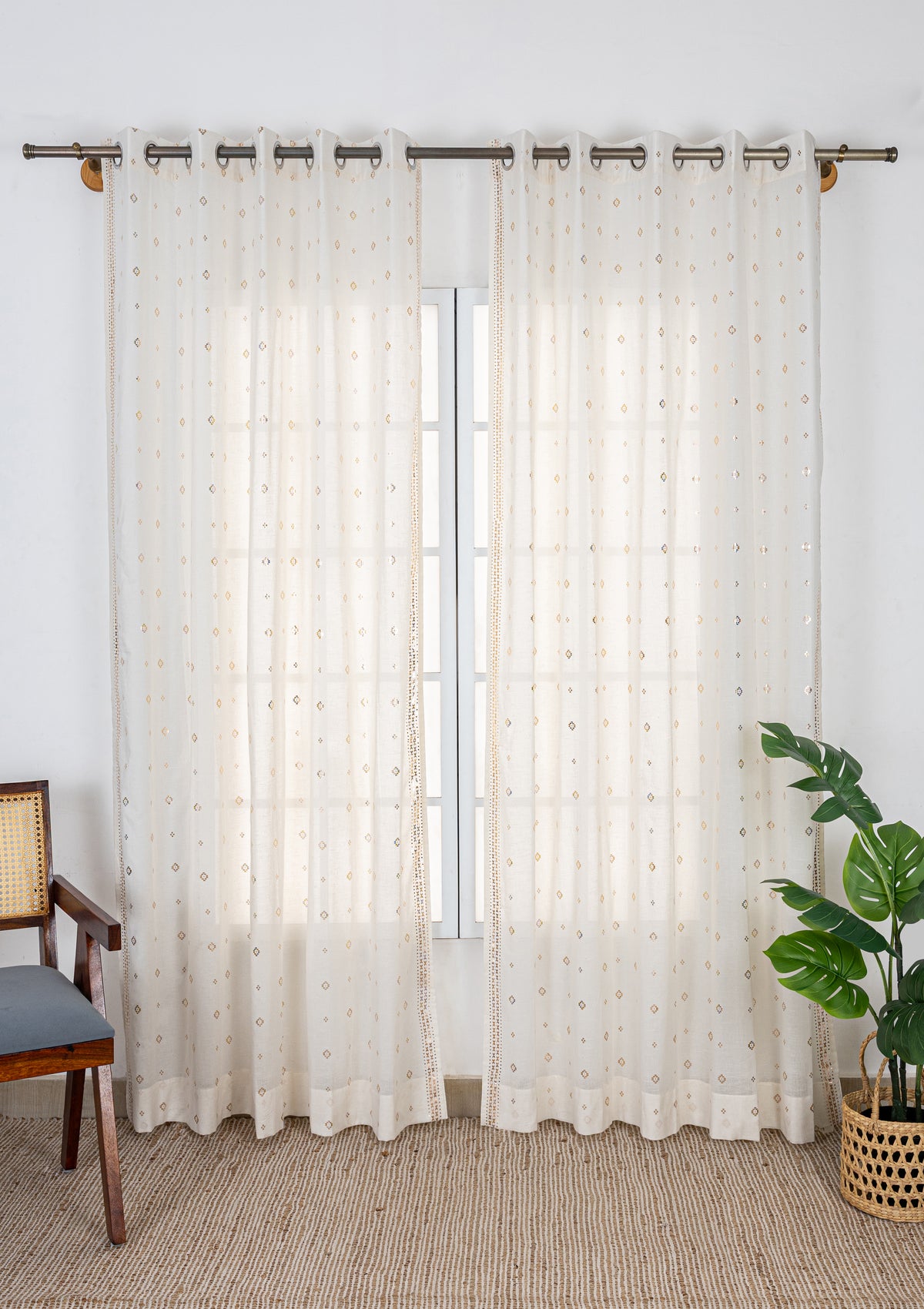 Kani Copper Beige Geometric 100% Cotton Sheer Printed Curtain For Livingroom / Bedroom | Light Filtering | Single Piece