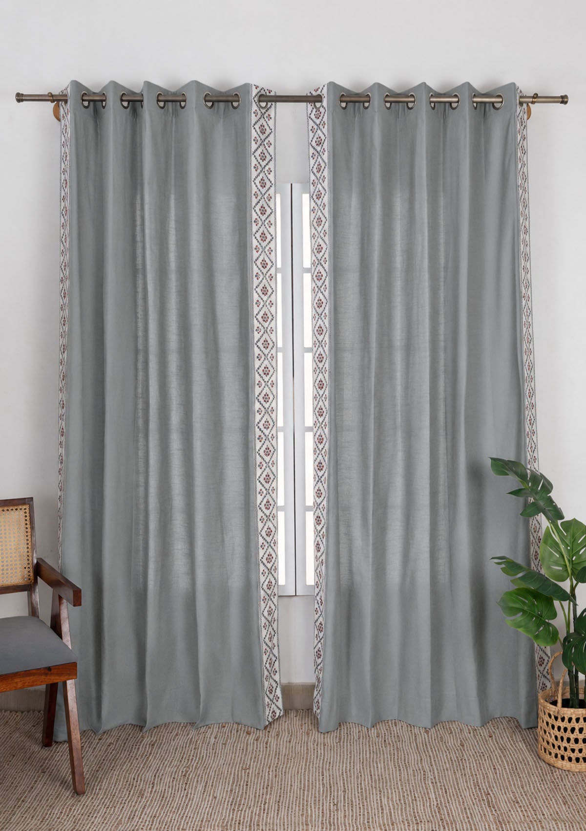 Ketaki Ultimate Grey & Blue Geometric 100% Cotton Embroidered Curtain For Livingroom / Bedroom | Room Darkening | Single Piece