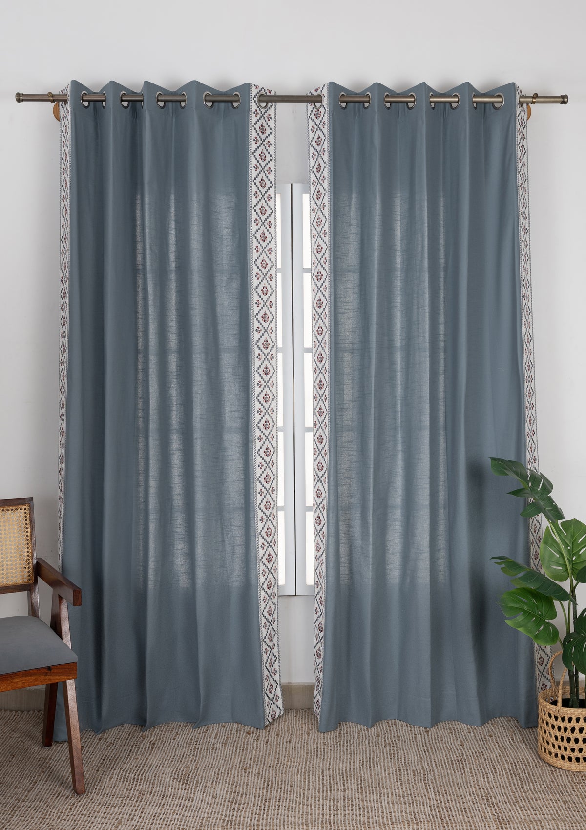 Ketaki Nilgiri Blue & Pink Geometric Linen Cotton Blend Embroidered Curtain For Livingroom / Bedroom | Room Darkening | Single Piece