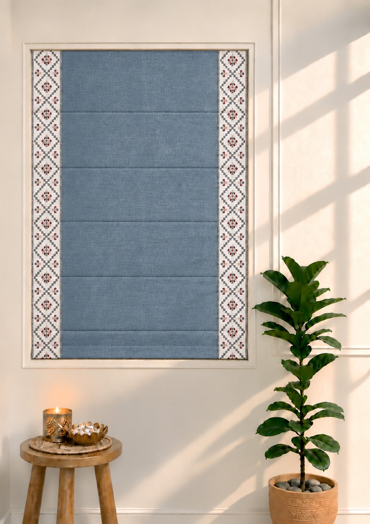 Ketaki Nilgiri Blue & Pink Geometric Linen Cotton Blend Embroidered Blind For Livingroom / Bedroom | Room Darkening