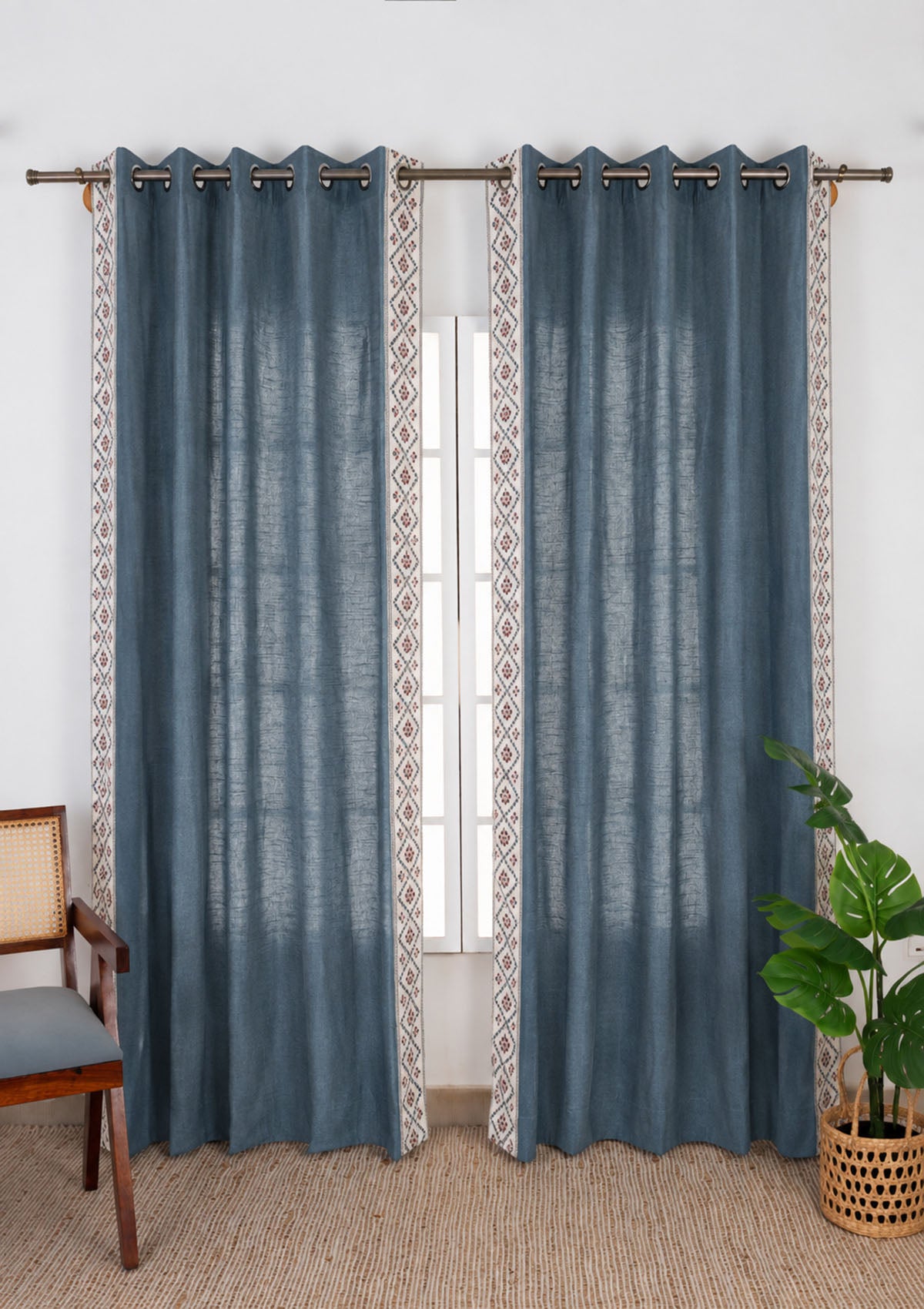 Ketaki Nilgiri Blue & Pink Geometric Linen Cotton Blend Embroidered Curtain For Livingroom / Bedroom | Room Darkening | Single Piece