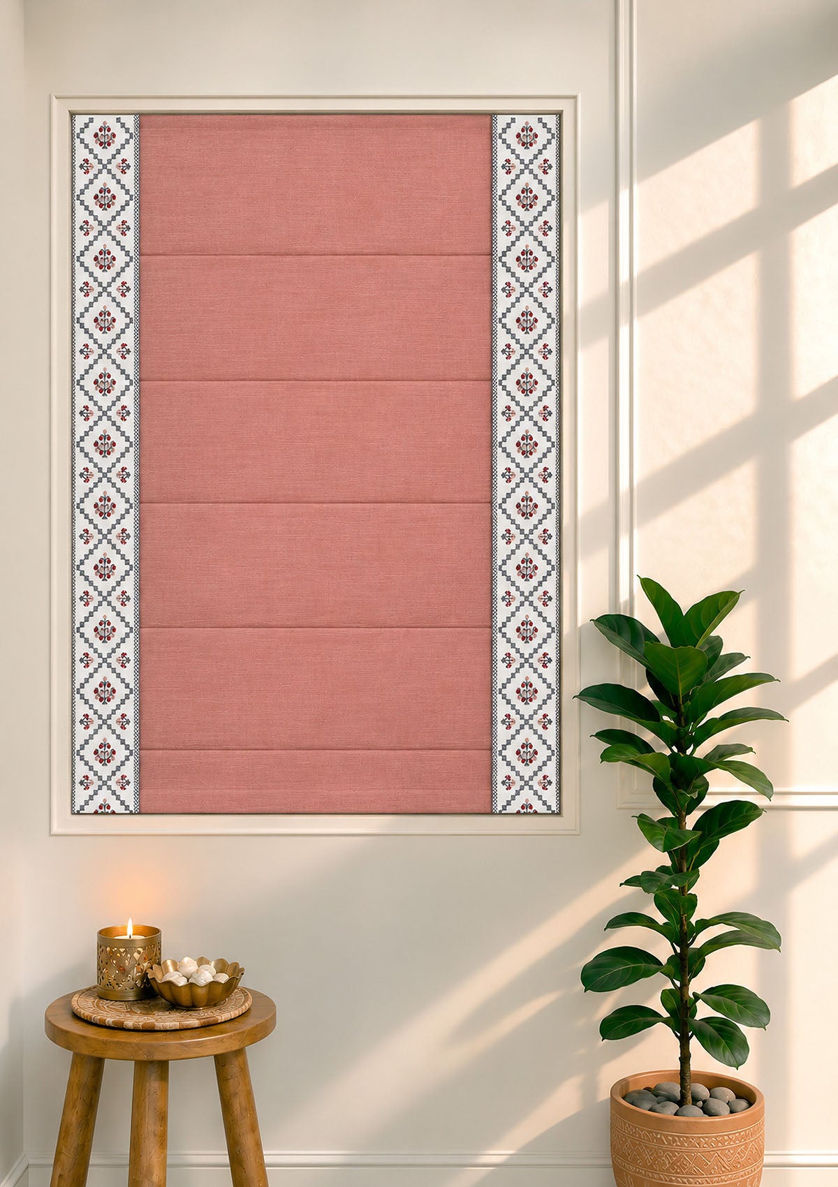 Ketaki Rust Blue & Pink Geometric 100% Cotton Embroidered Blind For Livingroom / Bedroom | Room Darkening