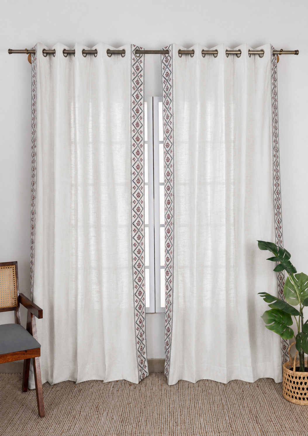 Ketaki White & Blue Geometric 100% Cotton Embroidered Curtain For Livingroom / Bedroom | Light Reduction | Single Piece