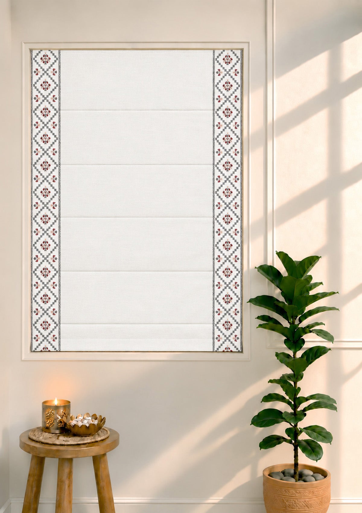 Ketaki White & Blue Geometric 100% Cotton Embroidered Blind For Livingroom / Bedroom | Light Reduction