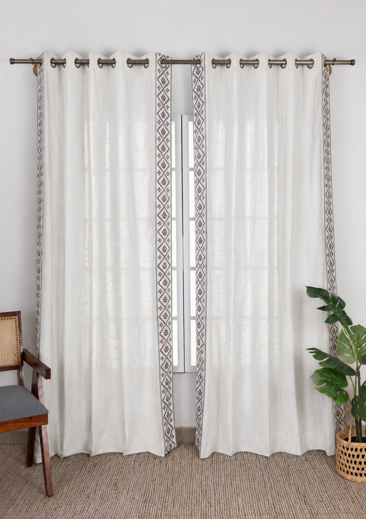 Ketaki White & Blue Geometric 100% Cotton Embroidered Curtain For Livingroom / Bedroom | Light Reduction | Single Piece