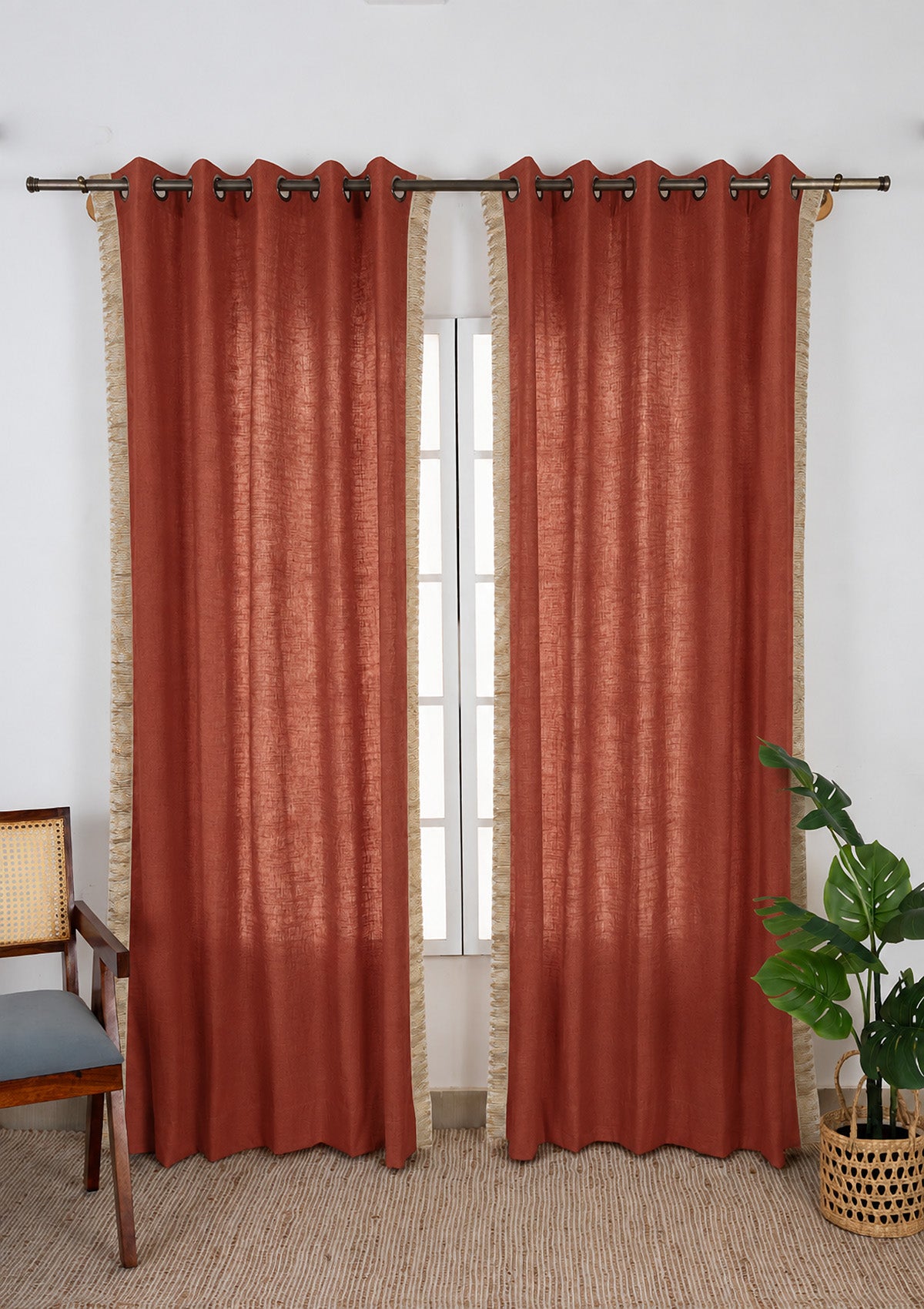 Kinari Brick Red & Gold Ethnic 100% Cotton Textured Curtain For Livingroom / Bedroom | Room Darkening | Single Piece