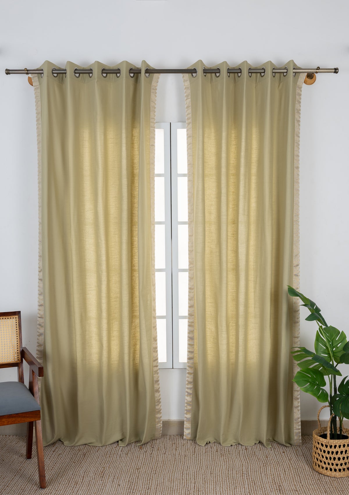 Kinari Herb Green & Gold Ethnic 100% Cotton Textured Curtain For Livingroom / Bedroom | Room Darkening | Single Piece