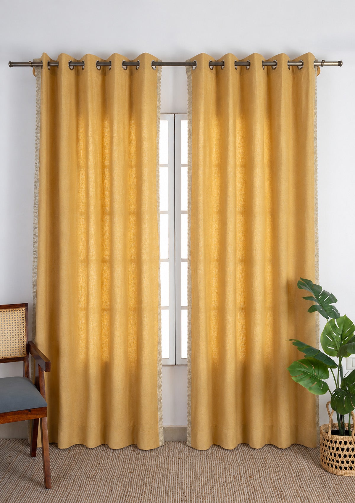 Kinari Honey Yellow & Gold Ethnic Linen Cotton Blend Textured Curtain For Livingroom / Bedroom | Room Darkening | Single Piece