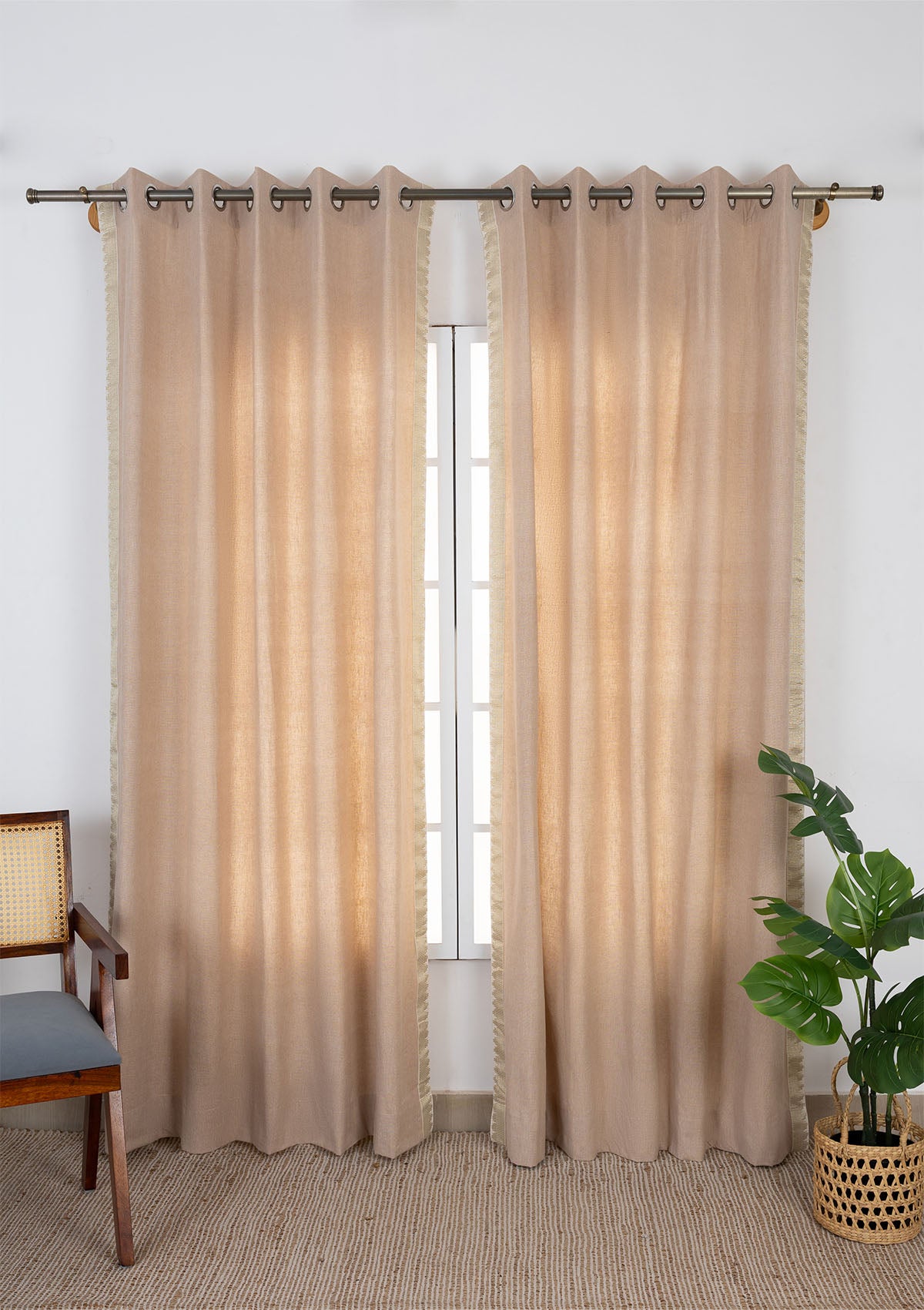 Kinari Pink Sand & Gold Ethnic Linen Cotton Blend Textured Curtain For Livingroom / Bedroom | Room Darkening | Single Piece