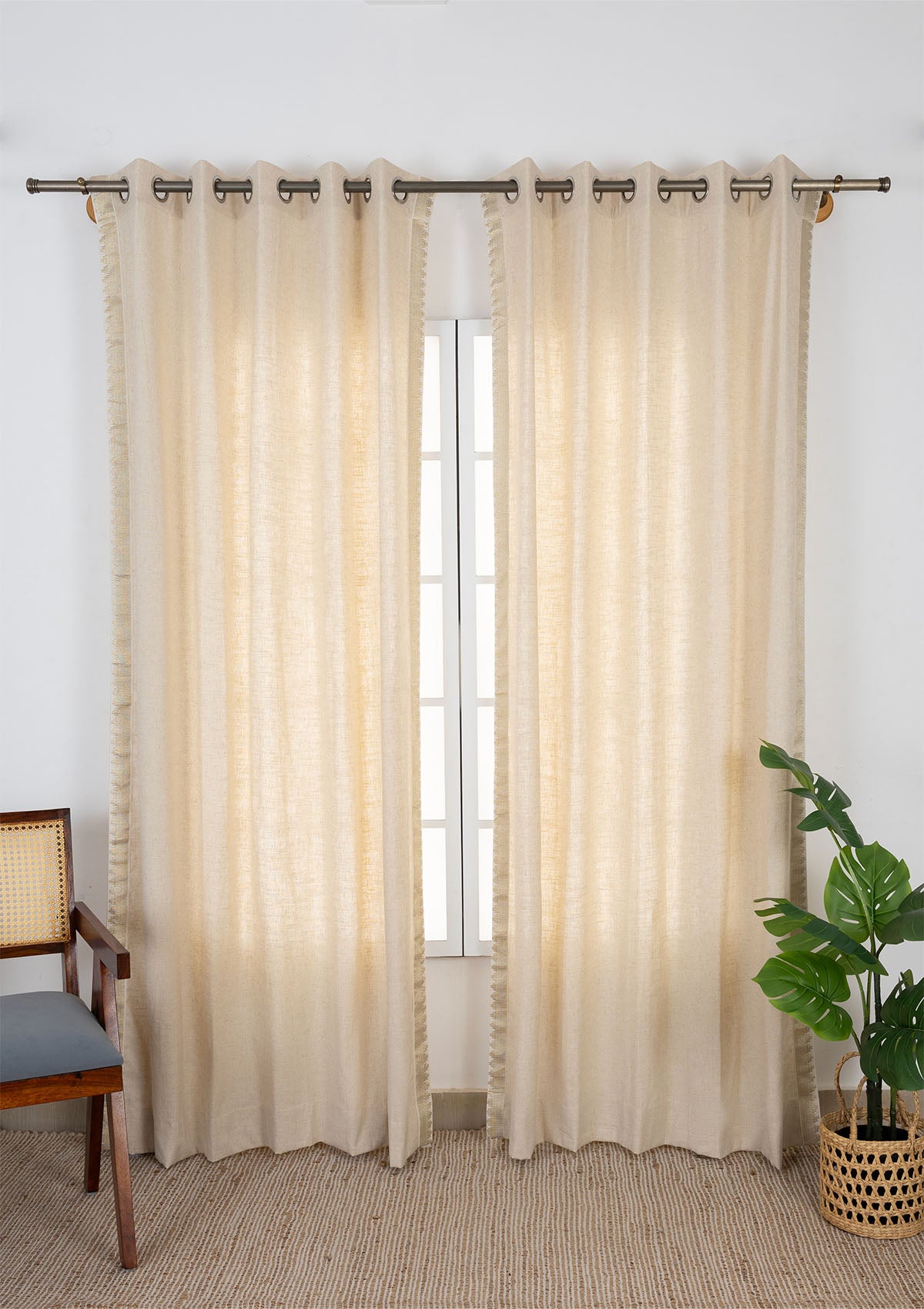 Kinari Solid Linen Gold & Beige Ethnic Cotton Blend Textured Curtain For Livingroom / Bedroom | Light Reduction | Single Piece