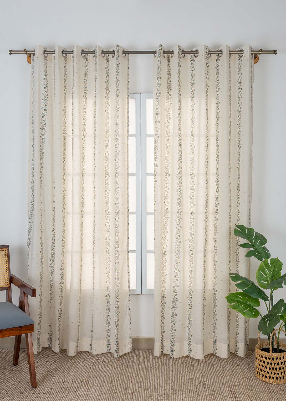 Kodi Teal Floral 100% Cotton Sheer Printed Curtain For Livingroom / Bedroom | Light Filtering | Single Piece