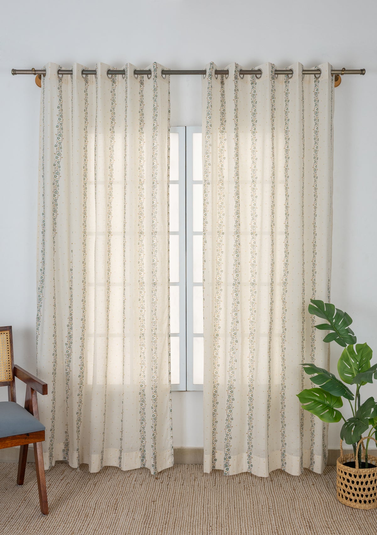 Kodi Teal Floral 100% Cotton Sheer Printed Curtain For Livingroom / Bedroom | Light Filtering | Single Piece